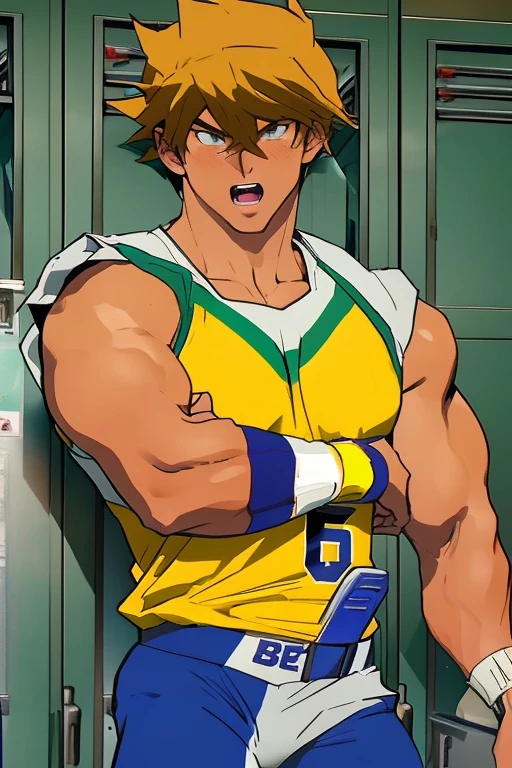 Jounouchi Katsuya from Yu-Gi-Oh, bodybuilder, sweaty, defined body, big legs, locker room, leaning against the lockers, wearing football uniform, vapid stare, sweaty body, big bulging crotch, shoulder pads, football jersey, football cleats, football pants, hypnotized blank stare, open mouth, hyper muscles, hyper swollen crotch bulge, bro, dumber, IQ drain, dummy, dumbed down, meathead, musclehead, dumb jock, brainwashed, flexing, hyper crotch bulge, big biceps, big triceps, big traps. broad shoulders, big meaty pecs, big thighs, thick glutes, bubble butt, hyper muscles, football team assimilation, brainwashed, brainwashing, bro, mindless, mindless bliss, "I am a big dumb jock boy.... I am a big dumb jock boy.... Mindless, brainless, meathead jock.... I am a big dumb jock boy.... Make more jocks.... Join the team.... You'll be a big dumb jock boy.... Obey, be a good dumb jock boy.... Grow to a big dumb jock boy....  Become just a big dumb jock boy.... No more than a big dumb jock boy.... Give up. Give in. Transform. Enjoy the fate of a big dumb jock boy. No thoughts for a big dumb jock boy.... Like me, you're a big dumb jock boy.... I am a big dumb jock boy.... Just be a big dumb jock boy.... Must be a big dumb jock boy.... No more than a big dumb jock boy...."