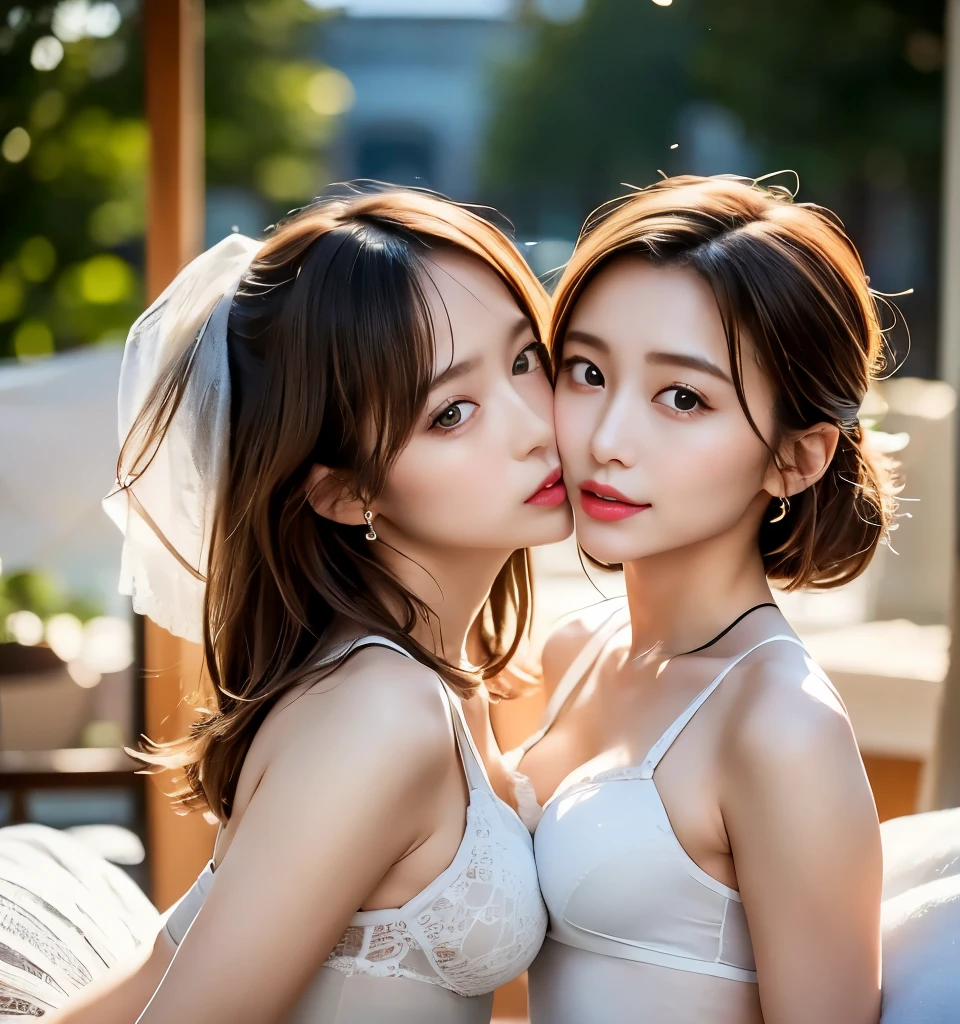 best quality、8k、masterpiece、 ultra high resolution 、 RAW Photos 、Clear Photo 、 Realistic Pictures 、Realistic 、( very cute 3people女の子、 Beautiful girl 、 Cute Yoda Yuki 、 World Cutest )、Adorable idol、、 small facsame-sex love、 We love each other )、 white skin、( wearing white panties :1.6)、Brown Hair、( small breasts、 flat chested)、 big erect nipples 、 Exquisite appearance、(Affectionate3people:1.8、Kiss3peopleの女の子、Accept each other:1.8、Put your lips on:1.6)、 detailed background 、 idol group member 3people:1.6、(( Wearing white underwear :1.8、 Small underwear 、 Transparent underwear ))、The right face、Right Foot、Correct finger、 full body image