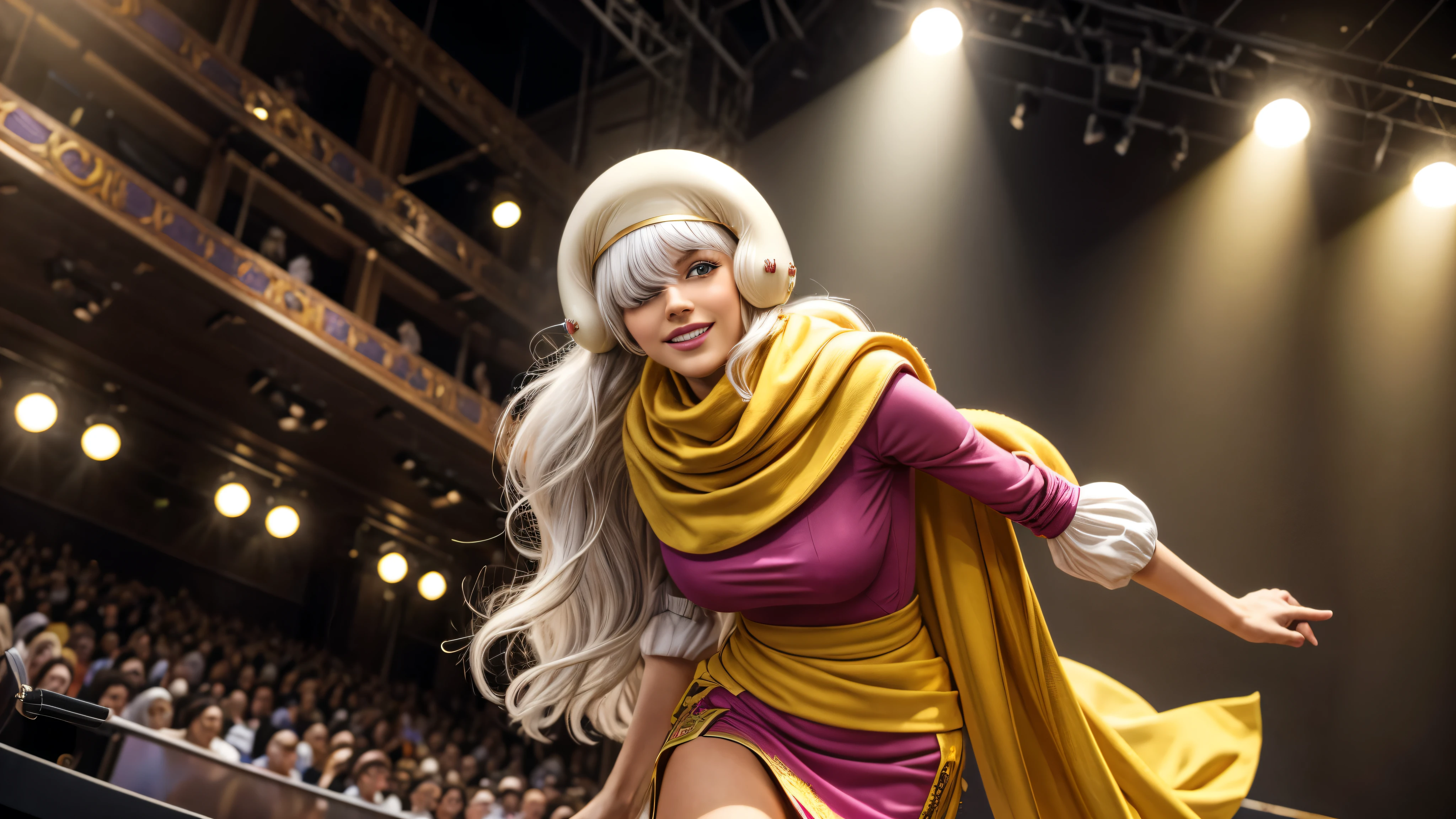 masterpiece, best quality, extremely detailed, hyperrealistic:1.1, photorealistic, a beautiful 20s european model, ultra detailed face:1.1, white hair, long hair, hair over one eye, floating hair, helmet, yellow scarf, pink dress, smiling, on live stage, stage lighting, standing, dancing, strenuous movements, from below, dynamic angle
