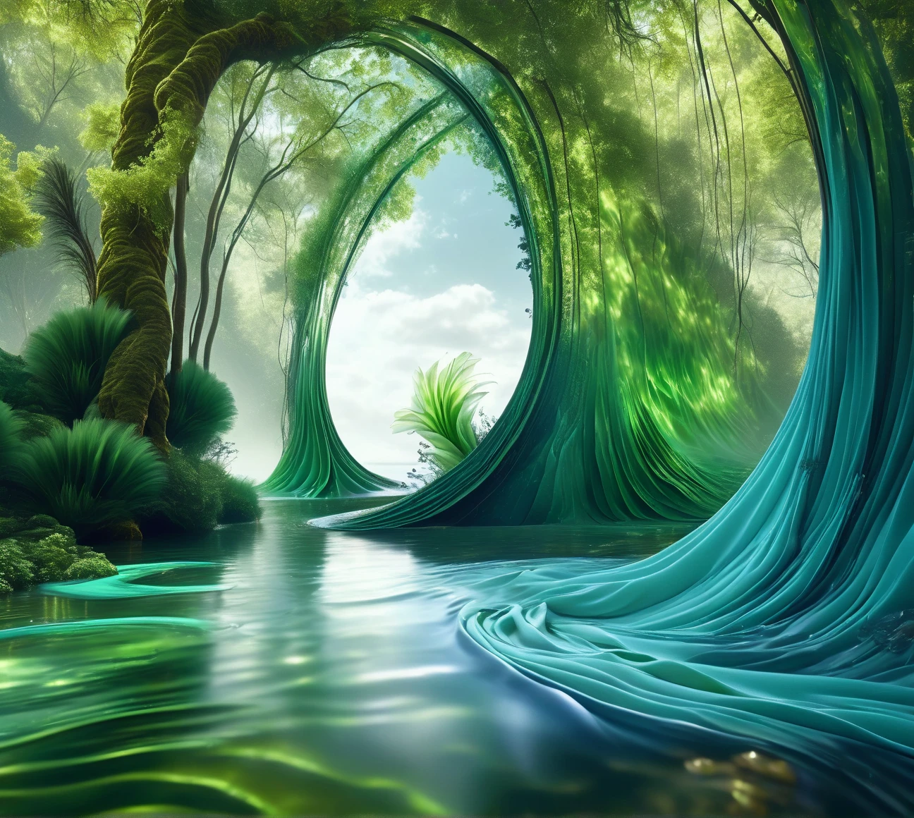   Amazing Matte Painting  ，  Depicts a river blooming with green water,  Ultra Realistic Waterscape Art , in   a surreal dream landscape,   Scenery Swirling in the Forest ,  super realistic 8k ,  Realistic Wrinkled Fabric ,    Incredible digital art   , surreal scene, Water Art Control ,  Surrealist Digital Art  ,   a surreal dream landscape, breathtaking digital art,  Surrealist Digital Art ,  Surreal 3D rendering ，21:9