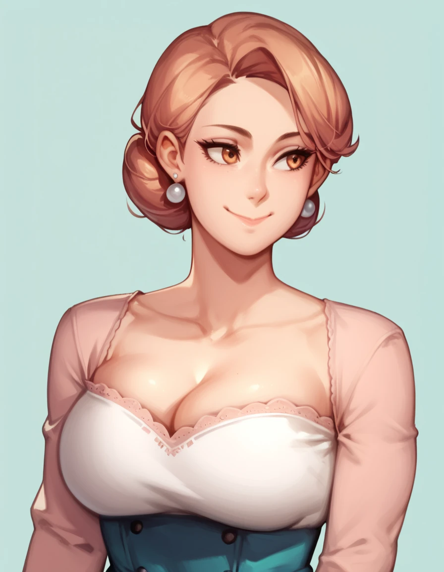 voluptuous body,1girl,solo, closed mouth smiling, upper body portrait, highly detailed, 8k, high definition, fully clothed, milf, b cup breasts, skin, beautiful, wearing a 1950s styled house wife dress, full clothed, facing viewer, anime style, no earrings, make up