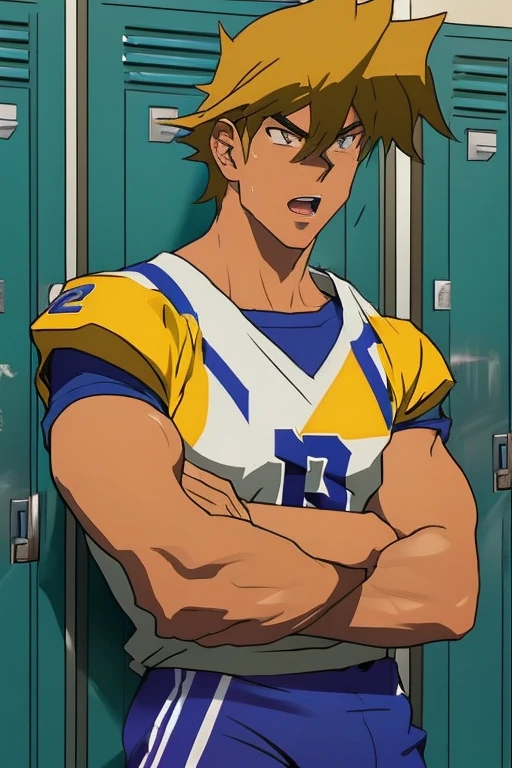 Jounouchi Katsuya from Yu-Gi-Oh, bodybuilder, sweaty, defined body, big legs, locker room, leaning against the lockers, wearing football uniform, vapid stare, sweaty body, big bulging crotch, shoulder pads, football jersey, football cleats, football pants, hypnotized blank stare, open mouth, hyper muscles, hyper swollen crotch bulge, bro, dumber, IQ drain, dummy, dumbed down, meathead, musclehead, dumb jock, brainwashed, flexing, hyper crotch bulge, big biceps, big triceps, big traps. broad shoulders, big meaty pecs, big thighs, thick glutes, bubble butt, hyper muscles, football team assimilation, brainwashed, brainwashing, bro, mindless, mindless bliss, "I am a big dumb jock boy.... I am a big dumb jock boy.... Mindless, brainless, meathead jock.... I am a big dumb jock boy.... Make more jocks.... Join the team.... You'll be a big dumb jock boy.... Obey, be a good dumb jock boy.... Grow to a big dumb jock boy....  Become just a big dumb jock boy.... No more than a big dumb jock boy.... Give up. Give in. Transform. Enjoy the fate of a big dumb jock boy. No thoughts for a big dumb jock boy.... Like me, you're a big dumb jock boy.... I am a big dumb jock boy.... Just be a big dumb jock boy.... Must be a big dumb jock boy.... No more than a big dumb jock boy...."