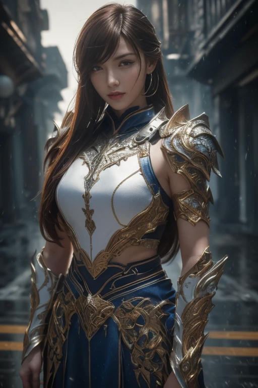 a sexy woman in a gold and blue lotus lace armor skirt, chengwei pan on artstation, by Yang J, detailed fantasy art, stunning character art, fanart best artstation, epic exquisite character art, beautiful armor, extremely detailed artgerm, detailed digital anime art, artgerm on artstation pixiv, armor girl, cleavage:1.5 , big breasts:1.4, (mini skirt:1.5)