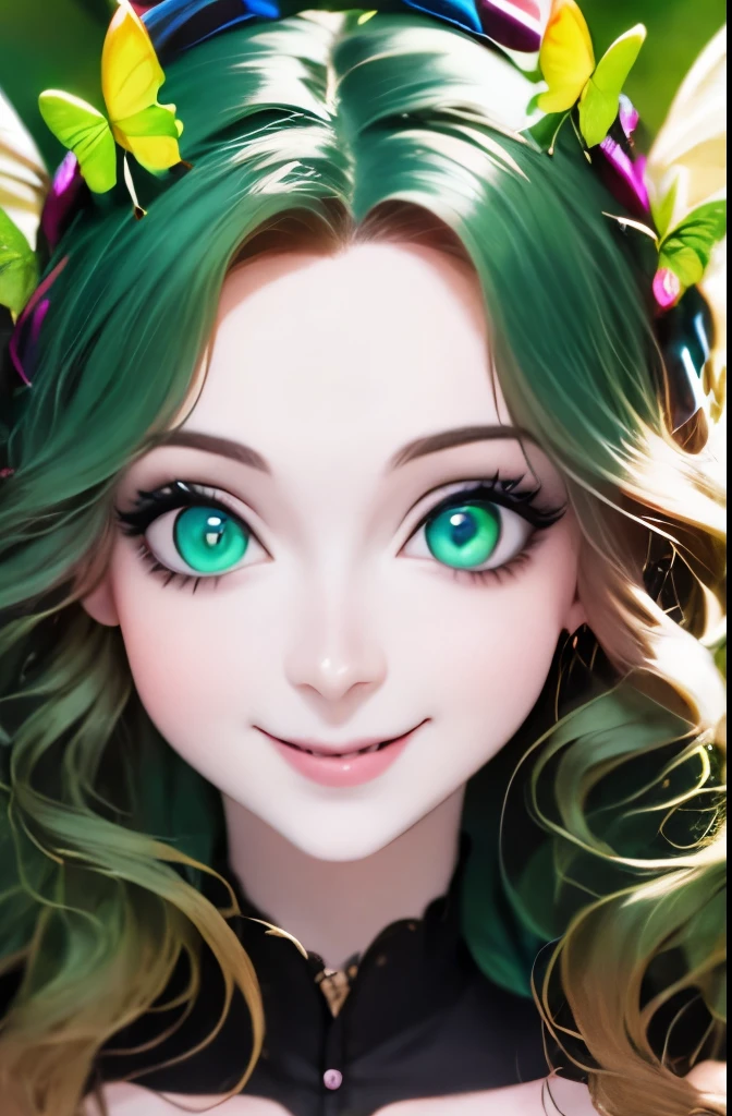 a close up of a woman with green butterflies on her head, an anime drawing inspired by Ross Tran, trending on cg society, fantasy art, green glowing eyes, with glowing eyes, magical glowing eyes, glowing green eyes, brightly glowing eyes, clear green eyes, bright green eyes, with green eyes, dreamy green eyes, numerous dimly glowing eyes, eyes are glowing