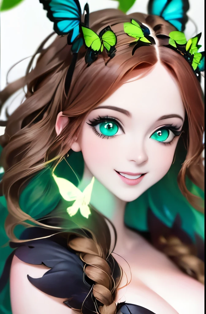 a close up of a woman with green butterflies on her head, an anime drawing inspired by Ross Tran, trending on cg society, fantasy art, green glowing eyes, with glowing eyes, magical glowing eyes, glowing green eyes, brightly glowing eyes, clear green eyes, bright green eyes, with green eyes, dreamy green eyes, numerous dimly glowing eyes, eyes are glowing