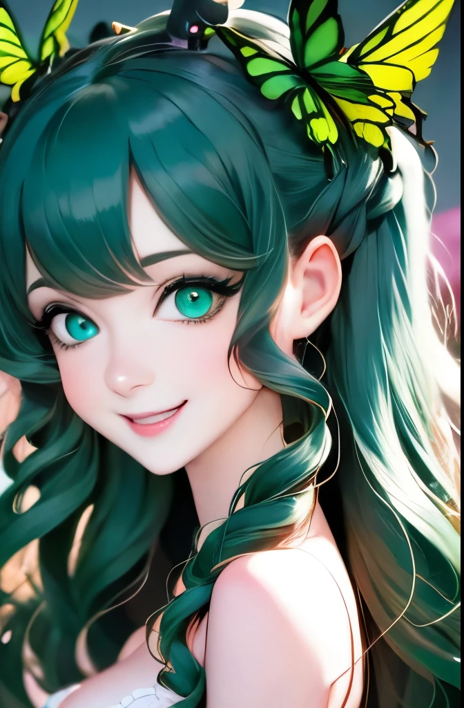 a close up of a woman with green butterflies on her head, an anime drawing inspired by Ross Tran, trending on cg society, fantasy art, green glowing eyes, with glowing eyes, magical glowing eyes, glowing green eyes, brightly glowing eyes, clear green eyes, bright green eyes, with green eyes, dreamy green eyes, numerous dimly glowing eyes, eyes are glowing