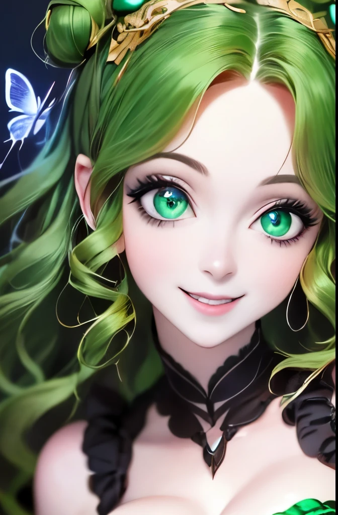 a close up of a woman with green butterflies on her head, an anime drawing inspired by Ross Tran, trending on cg society, fantasy art, green glowing eyes, with glowing eyes, magical glowing eyes, glowing green eyes, brightly glowing eyes, clear green eyes, bright green eyes, with green eyes, dreamy green eyes, numerous dimly glowing eyes, eyes are glowing