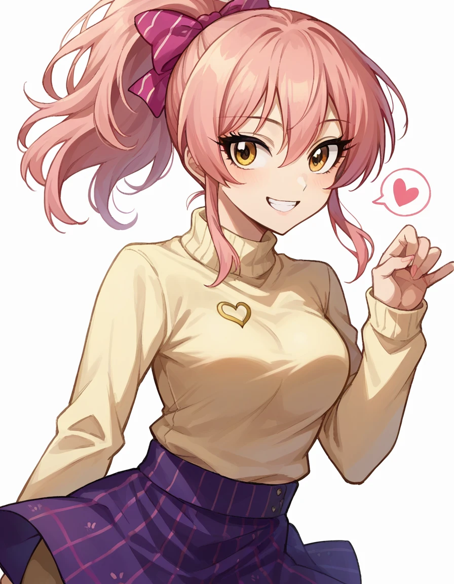  score_9,  score_8_up,  score_7_up,  source_Anime,
Mikkajogasaki, Mika Jougasaki, hair bow, Long Hair,  Pink Hair,  yellow eyes,  ponytail, smile,
bow,  Clothes, Check pattern, Check pattern  skirt, 学校の制Clothes,  skirt, sweater, sweater around waist,
 watching viewers ,  Dutch Angle,  COWBOY SHOOTING ,White background、Heart Boob Pose　Pony XL,Sharp Eye