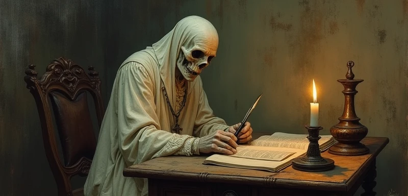 Peinture a l'huile d'une personne qui ecrit avec un stylo-plume dans un livre posé sur une table en bois. On ne voit que le bras de la personne et un crane est posé sur la table avec une bougie. Le fond est un rideau rouge