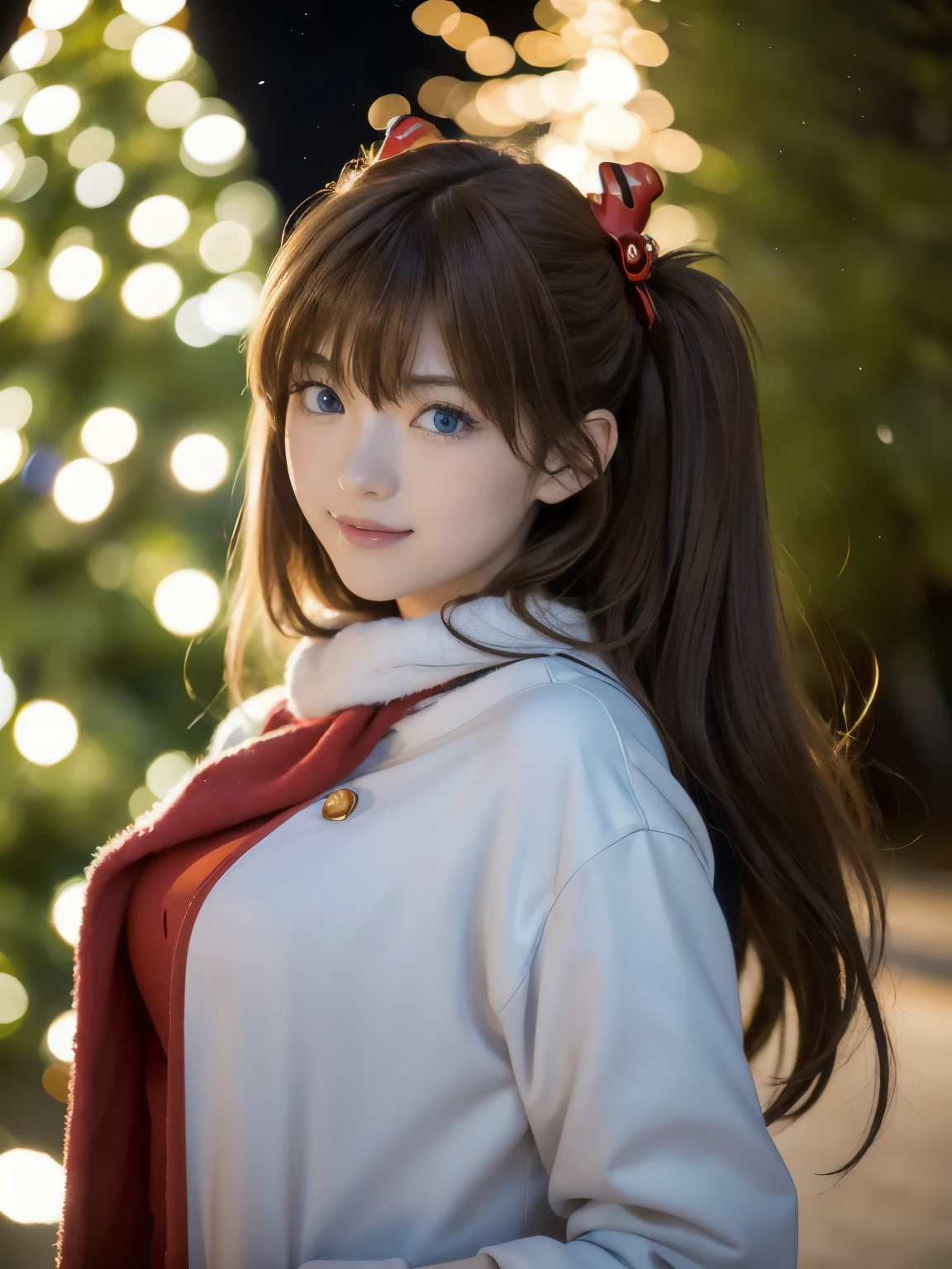 1girl, (cute Half Japanese and half German girl), smile, Looking at camera, 
break
(8k, RAW photo, best quality, masterpiece:1.2), (realistic, photo-realistic:1.4), (extremely detailed 8k wallpaper), sharp focus, depth of field, blur background, bokeh, cinematic lighting, soft light, 
break
{uniform, outfit, clothes}, Pea Coat,
asuka langley soryu, (souryuu asuka langley:1.2), (((long hair, bangs, blue eyes, Two side up, light brown hair, hair ornament))),
break 
close up, (Seductive pose:1.2), 
break 
christmas, outdoor holiday lights display, (winter:1.2), (christmas tree:1.3),