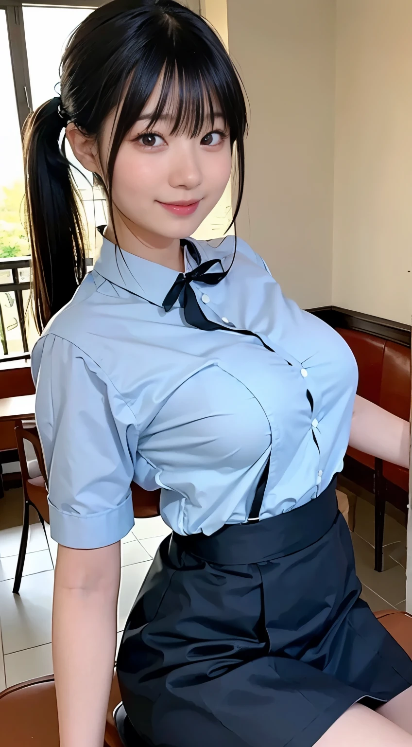 Highest quality、masterpiece、、Very detailed、Realistic、(Two Girls)、(Looking at me with a mischievous smile)、whole body、Small face、Narrow shoulders、(Big Breasts)、Thin and beautiful legs、Tight and slim waist、(See-through waitress uniform with buttons and collar:1.2)、(Light blue plaid mini skirt:1.1)、Short Hair、(Erect nipples:1.1)、apron、restaurant、Glasses