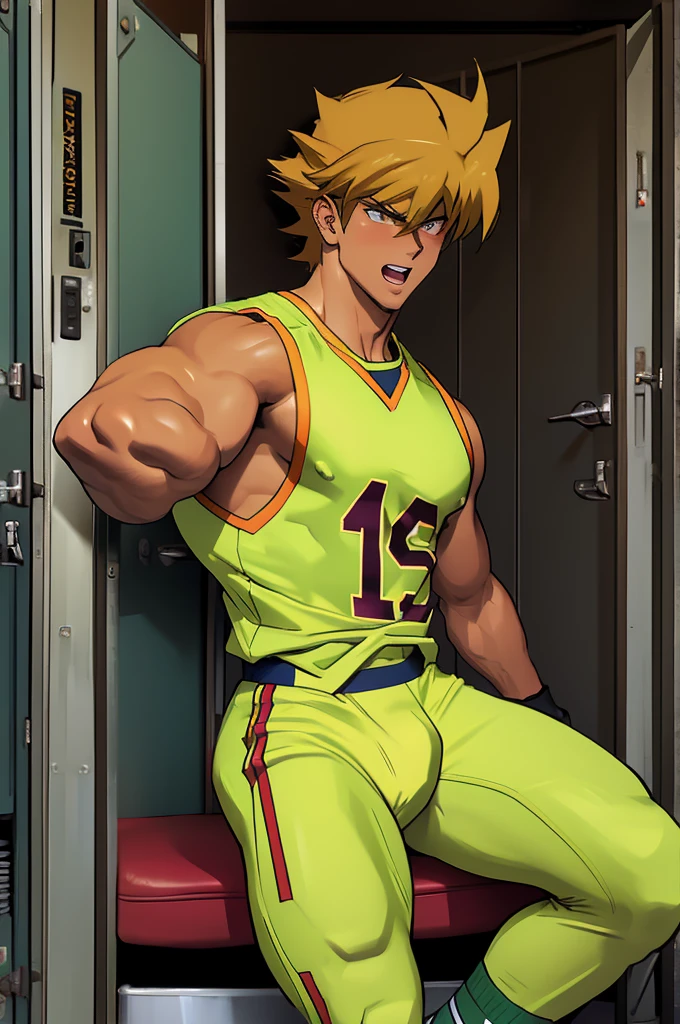 Jounouchi Katsuya from Yu-Gi-Oh, bodybuilder, sweaty, defined body, big legs, locker room, leaning against the lockers, wearing football uniform, vapid stare, sweaty body, big bulging crotch, shoulder pads, football jersey, football cleats, football pants, hypnotized blank stare, open mouth, hyper muscles, hyper swollen crotch bulge, bro, dumber, IQ drain, dummy, dumbed down, meathead, musclehead, dumb jock, brainwashed, flexing, hyper crotch bulge, big biceps, big triceps, big traps. broad shoulders, big meaty pecs, big thighs, thick glutes, bubble butt, hyper muscles, football team assimilation, brainwashed, brainwashing, bro, mindless, mindless bliss, "I am a big dumb jock boy.... I am a big dumb jock boy.... Mindless, brainless, meathead jock.... I am a big dumb jock boy.... Make more jocks.... Join the team.... You'll be a big dumb jock boy.... Obey, be a good dumb jock boy.... Grow to a big dumb jock boy....  Become just a big dumb jock boy.... No more than a big dumb jock boy.... Give up. Give in. Transform. Enjoy the fate of a big dumb jock boy. No thoughts for a big dumb jock boy.... Like me, you're a big dumb jock boy.... I am a big dumb jock boy.... Just be a big dumb jock boy.... Must be a big dumb jock boy.... No more than a big dumb jock boy...."