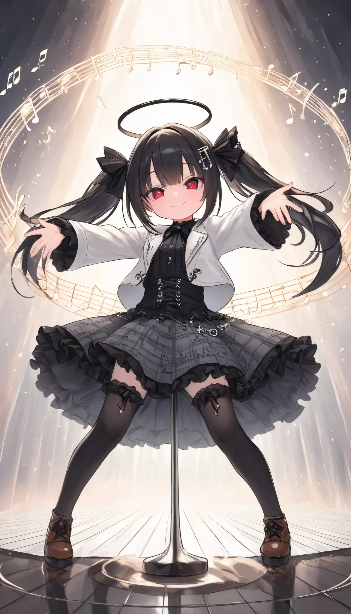 masterpiece, best quality, 8k, highres, ultra-detailed, HDR, UHD, dark gothic, best quality, 1girl, chibi,music-themed outfit, musical note hair clip, white jacket, piano key pattern, plaid skirt, frilly hem, thigh-high stockings, brown shoes, ribbon accents, cheerful expression, open arms, dynamic pose, floating colorful music notes, vibrant, whimsical atmosphere,