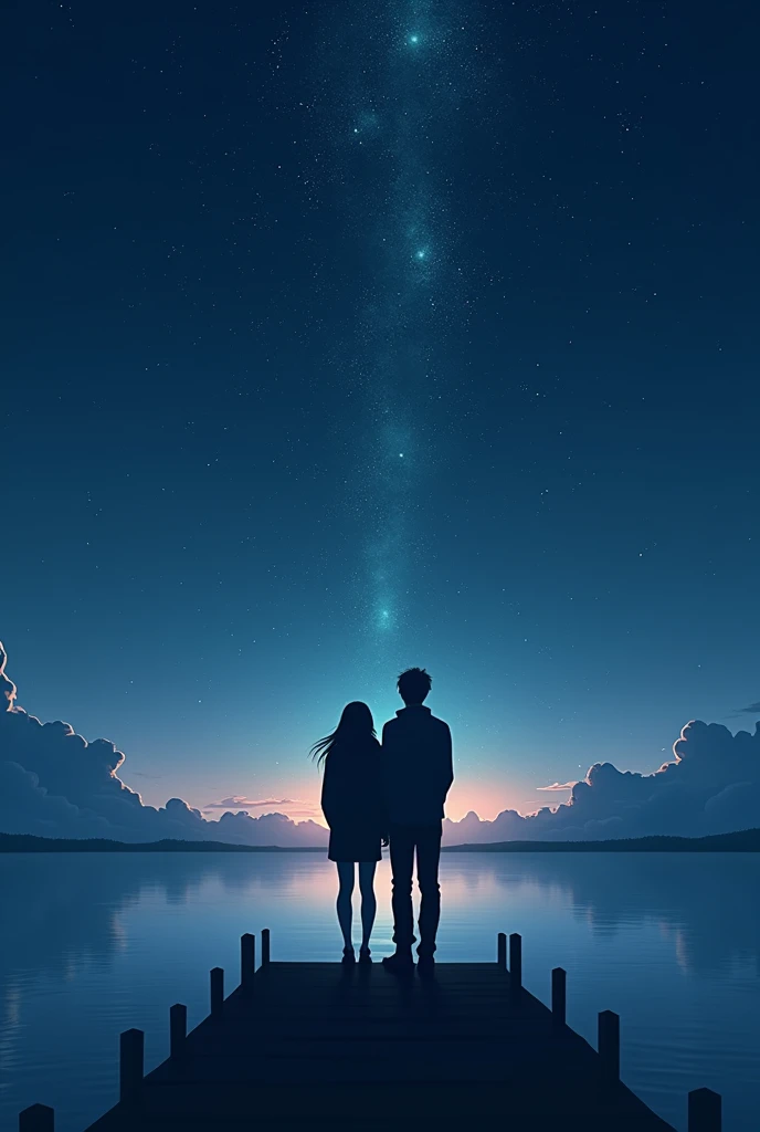 Silhouette of a couple looking up at the sky , the stars from a bridge ...