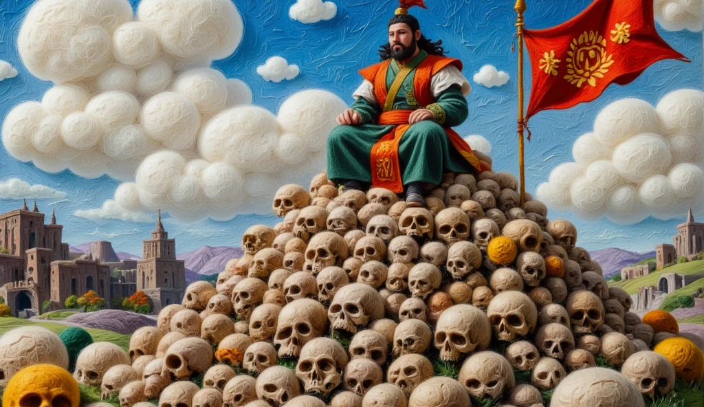 Genghis Khan sitting on a big pille of human skulls 