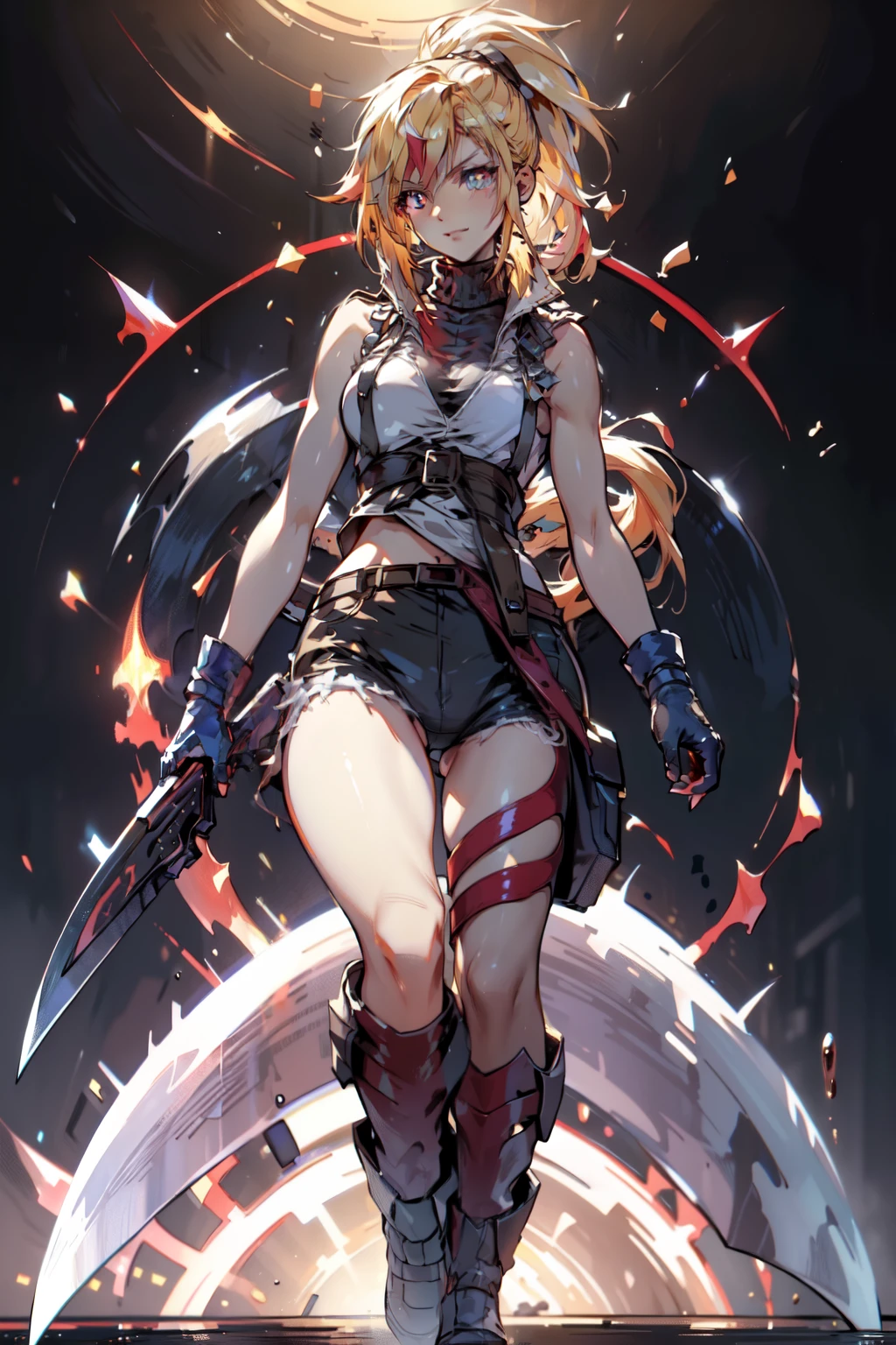 (masterpiece, best quality:1.2), red glowing eyes, red eyes, the eyes are red, perfect face, highres, 1 girl, solo, ultra long ponytail, (female:1.5), strife, blonde hair, shoulder armor, sleeveless turtleneck, suspenders, belt, gloves, bracer, evil smile, standing, portrait, looking at viewer, giant sword on the back, giant buster sword on the back, long leather boots, fullbody shot