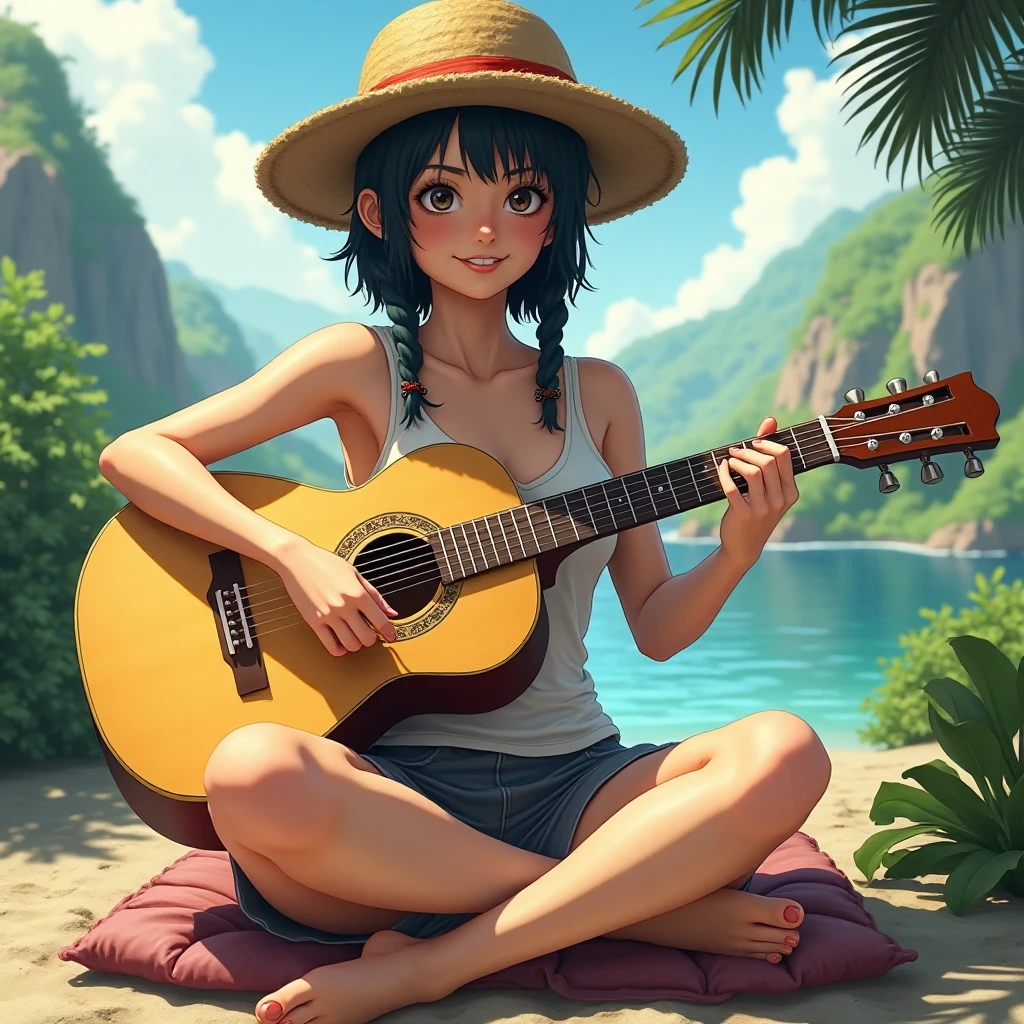 Create me an image of "Luffy" from One-Piece&#39;s back and "Nami" from One Piece inserting her finger into her genitals to masturbate while naked with a background where the environment is being damaged by pirates who steal, mistreat people, They pollute and cause disasters.A unparalleled beautiful girl is sitting cross-legged on a cushion and playing an acoustic guitar. She is wearing a massif white tank top, opale shorts, and bare feet. She is smiling. a beautiful  girl, sitting cross-legged on a cushion, playing an acoustic guitar, wearing a white tank top and gray shorts, barefoot, smiling, detailed facial features, detailed hands, portrait, hyperrealistic, photographic quality, natural lighting, warm color tones, peaceful atmosphere, intricate details, high definition, masterpiece