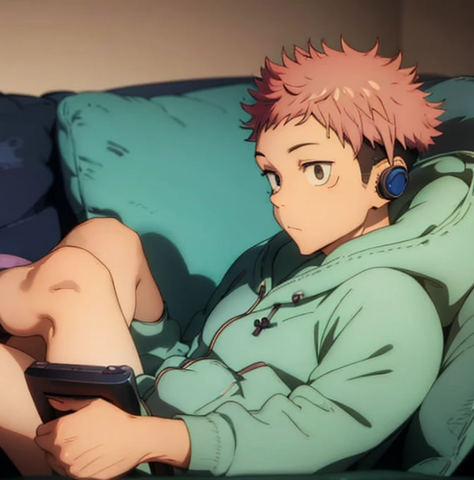 He’s playing video games in the couch, headphones 