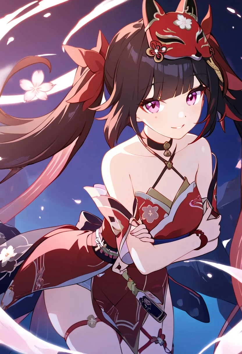 ((best quality, amazing quality, very aesthetic, highres, incredibly absurdres, retouched, smooth lines, excellent color,shiny skin )), sparkle_(honkai:_star_rail)  ,twintails, hair ornament, off shoulder kimono, mask on head, detached sleeves, choker, obi, single glove, cross-laced sandals, wristband, criss-cross halter, thigh strap
,looking at viewer