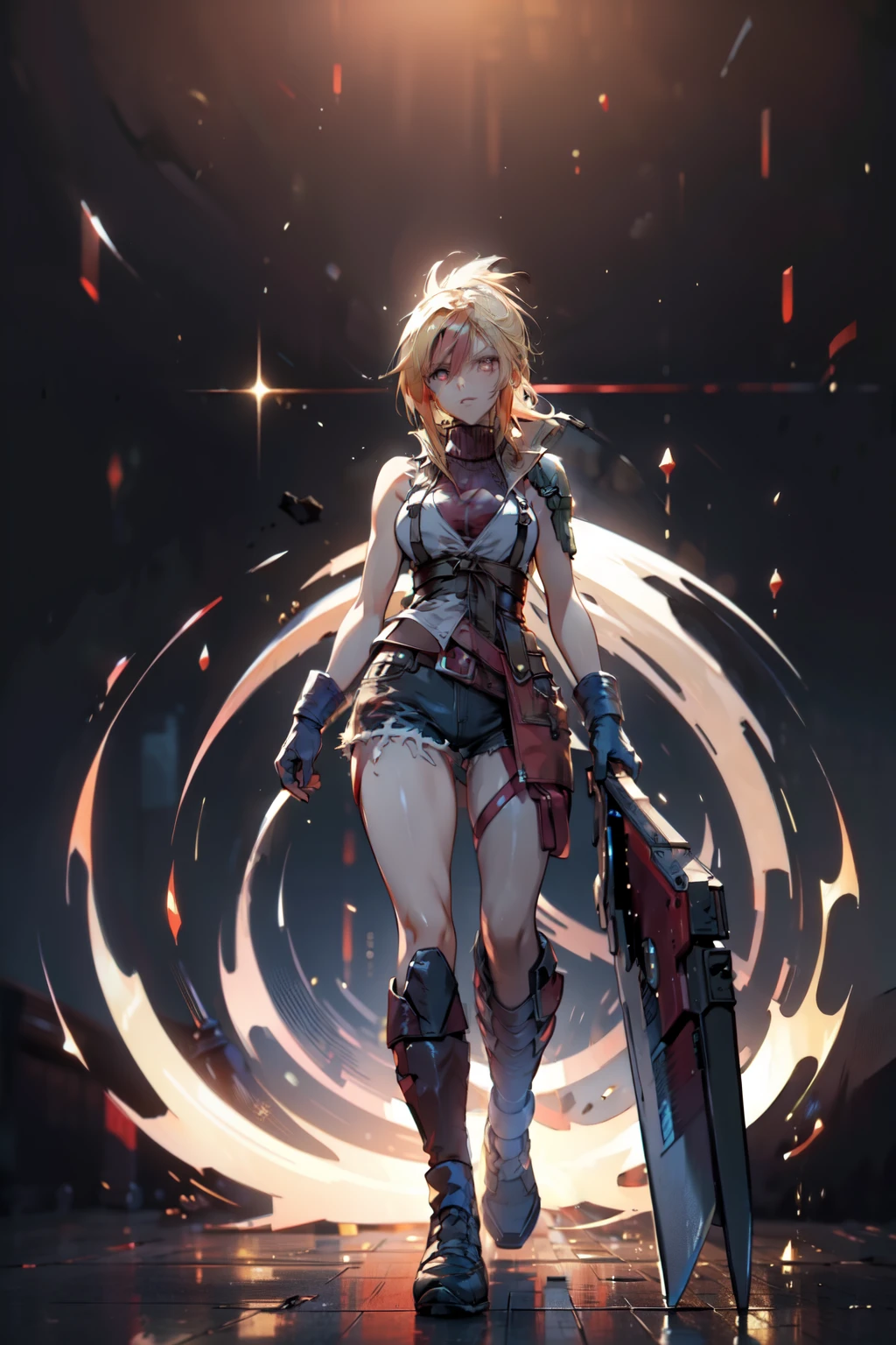 (masterpiece, best quality:1.2), red glowing eyes, red eyes, the eyes are red, perfect face, highres, 1 girl, solo, ultra long ponytail, (female:1.5), strife, blonde hair, shoulder armor, sleeveless turtleneck, suspenders, belt, gloves, bracer, evil smile, standing, portrait, looking at viewer, giant sword on the back, giant buster sword on the back, long leather boots, fullbody shot