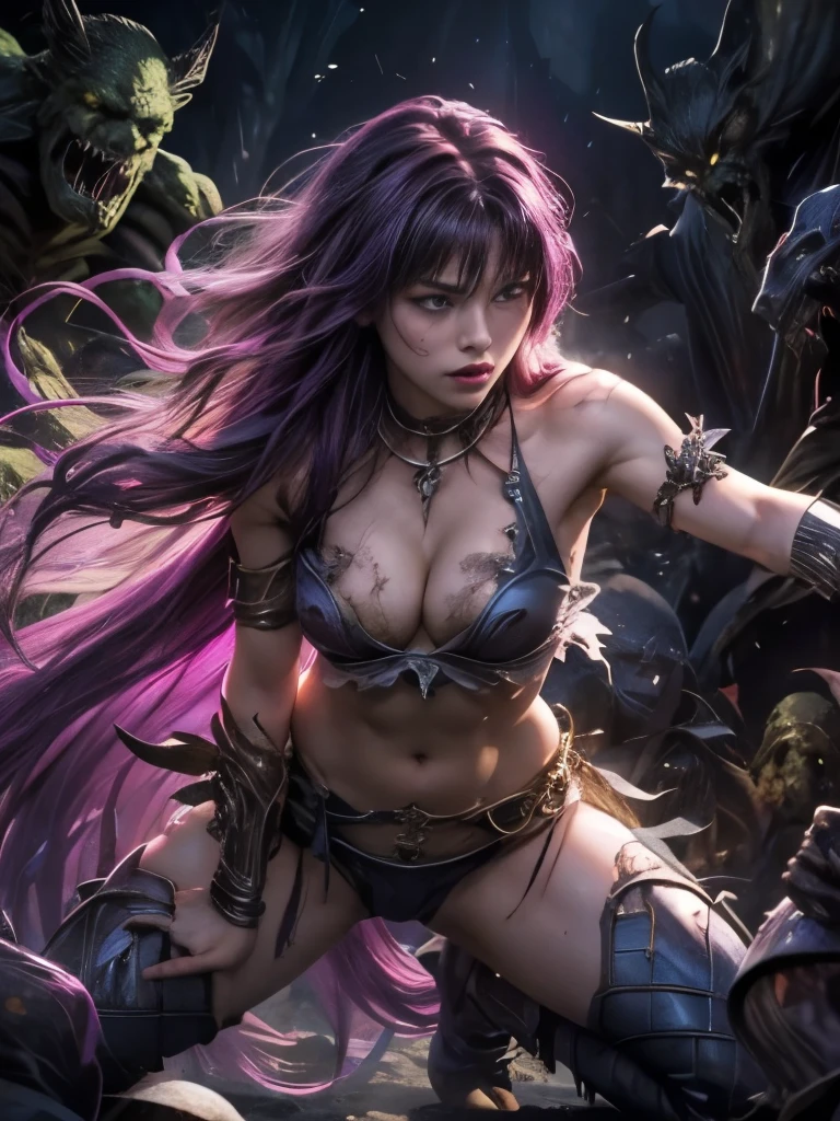 best quality、Whole body expression、torture、 slave、Constraints、BDSM、Captured by a monster、Surrounded by Monsters 1:5、defeat、 beautiful woman with very long purple hair、Full of wounds、tattered white armor(Small breasts、 cleavage、 off-shoulder 、Sleeveless、No elbow pads、belly button、 high leg、Exposed thighs)、White Armor Boots、Beautiful woman with very long purple hair 、Crying、 Tears Overflow 、A hopeless expression、Fleeing、run、Attacked by monsters 1:5、Many violent monsters 1:5、Monster grabs arm. Monster attacks from behind、Monster grabs the leg、Monster Swarm 1:5、midnight、 Darkness、Different world、 Dark Fantasy、Pitch Black Hell