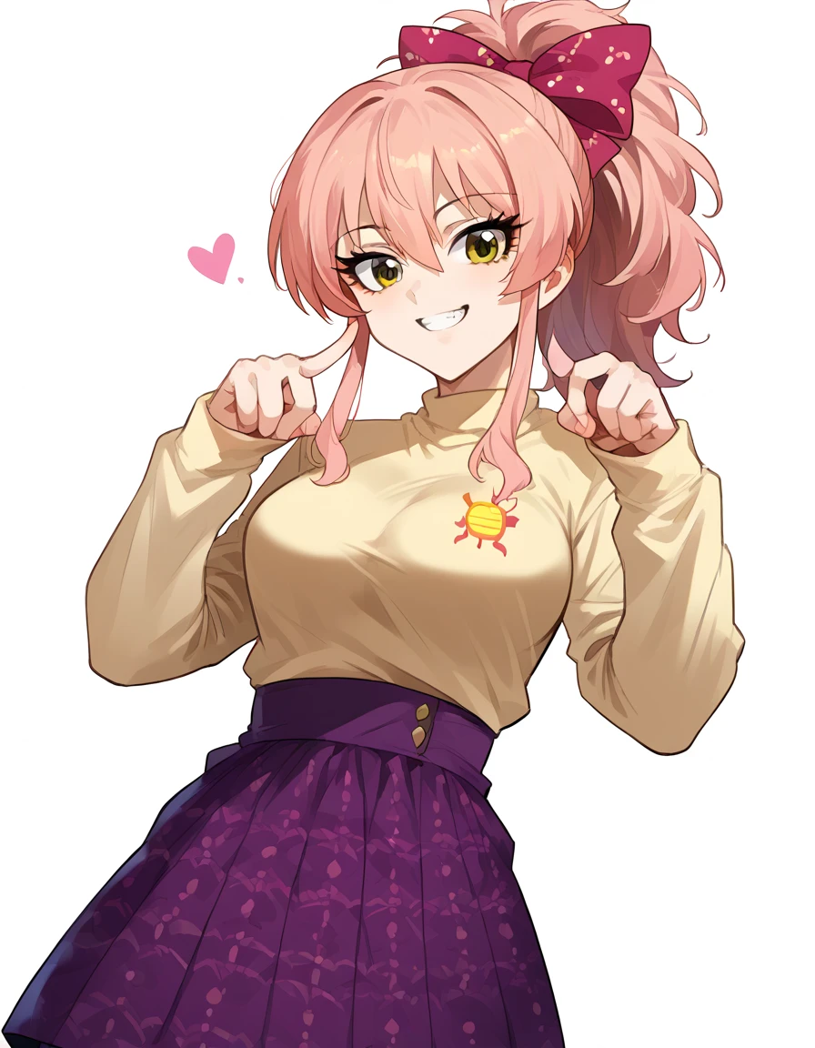  score_9,  score_8_up,  score_7_up,  source_Anime,
Mikkajogasaki, Mika Jougasaki, hair bow, Long Hair,  Pink Hair,  yellow eyes,  ponytail, smile,
bow,  Clothes, Check pattern, Check pattern  skirt, 学校の制Clothes,  skirt, sweater, sweater around waist,
 watching viewers ,  Dutch Angle,  COWBOY SHOOTING ,White background、Heart Boob Pose　Pony XL,Sharp Eye