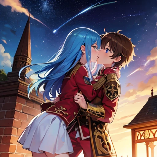 A girl with blue eyes and light blue hair, red blouse with gold plates on her body, pink panties, a gold bracelet and white skirt affectionately kissing a boy with short black hair on the lips, ojos marrones, lentes, red jacket with a night castle behind them and shooting stars in the sky