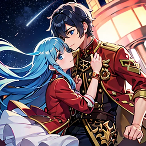 A girl with blue eyes and light blue hair, red blouse with gold plates on her body, pink panties, a gold bracelet and white skirt affectionately kissing a boy with short black hair on the lips, ojos marrones, lentes, red jacket with a night castle behind them and shooting stars in the sky