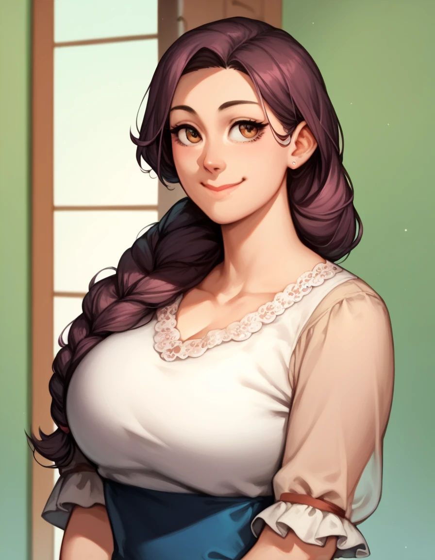 voluptuous body,1girl,solo, closed mouth smiling, joyful expression, upper body portrait, highly detailed, 8k, high definition, fully clothed, milf, large breasts, skin, beautiful, wearing a 1950s styled house wife dress, full clothed, facing viewer, anime style, no earrings, make up