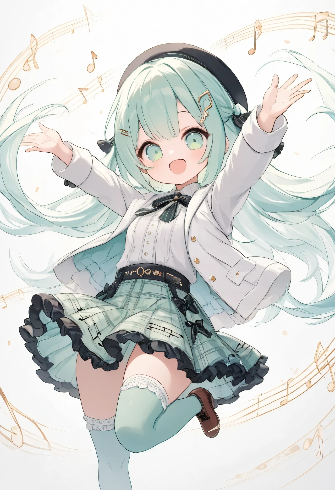 masterpiece, best quality, 8k, highres, ultra-detailed, HDR, UHD,pastel
theme color green, best quality, 1girl, drkgirl,chibi, music-themed outfit, musical note hair clip, white jacket, piano key pattern, plaid skirt, frilly hem, thigh-high stockings, brown shoes, ribbon accents, cheerful expression, open arms, dynamic pose, floating colorful music notes, vibrant, whimsical atmosphere, white background