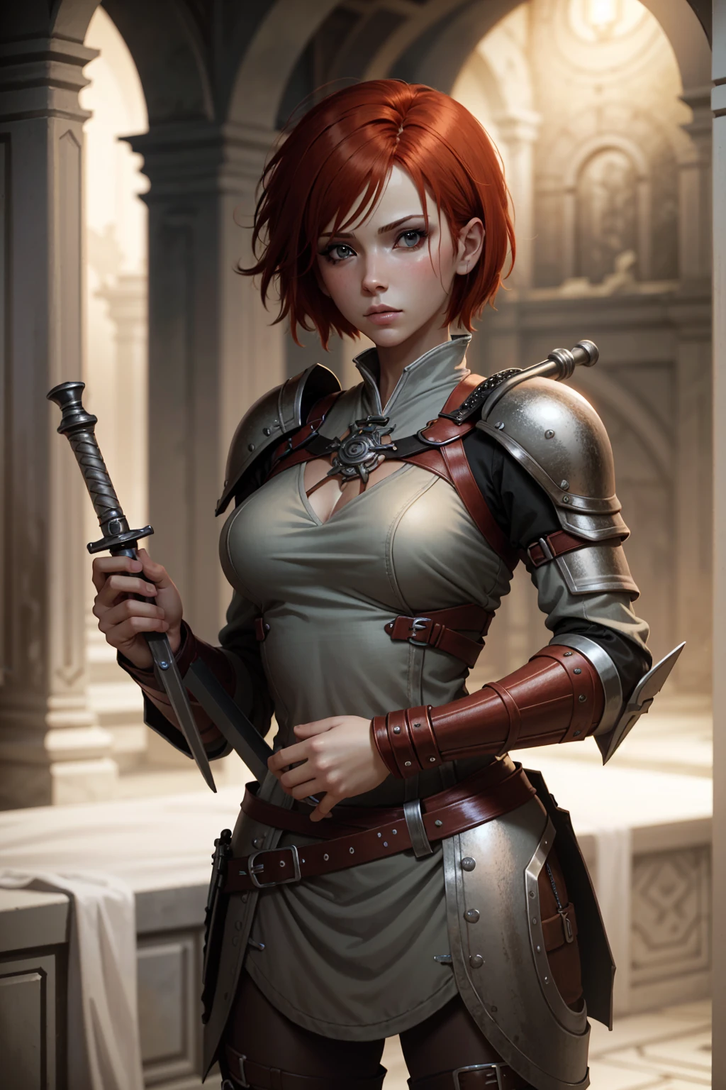 LelianaDA, 1girl, solo, weapon, sword, red hair, short hair, blurry background, breasts, blurry, realistic, armor, medium breasts, lips
