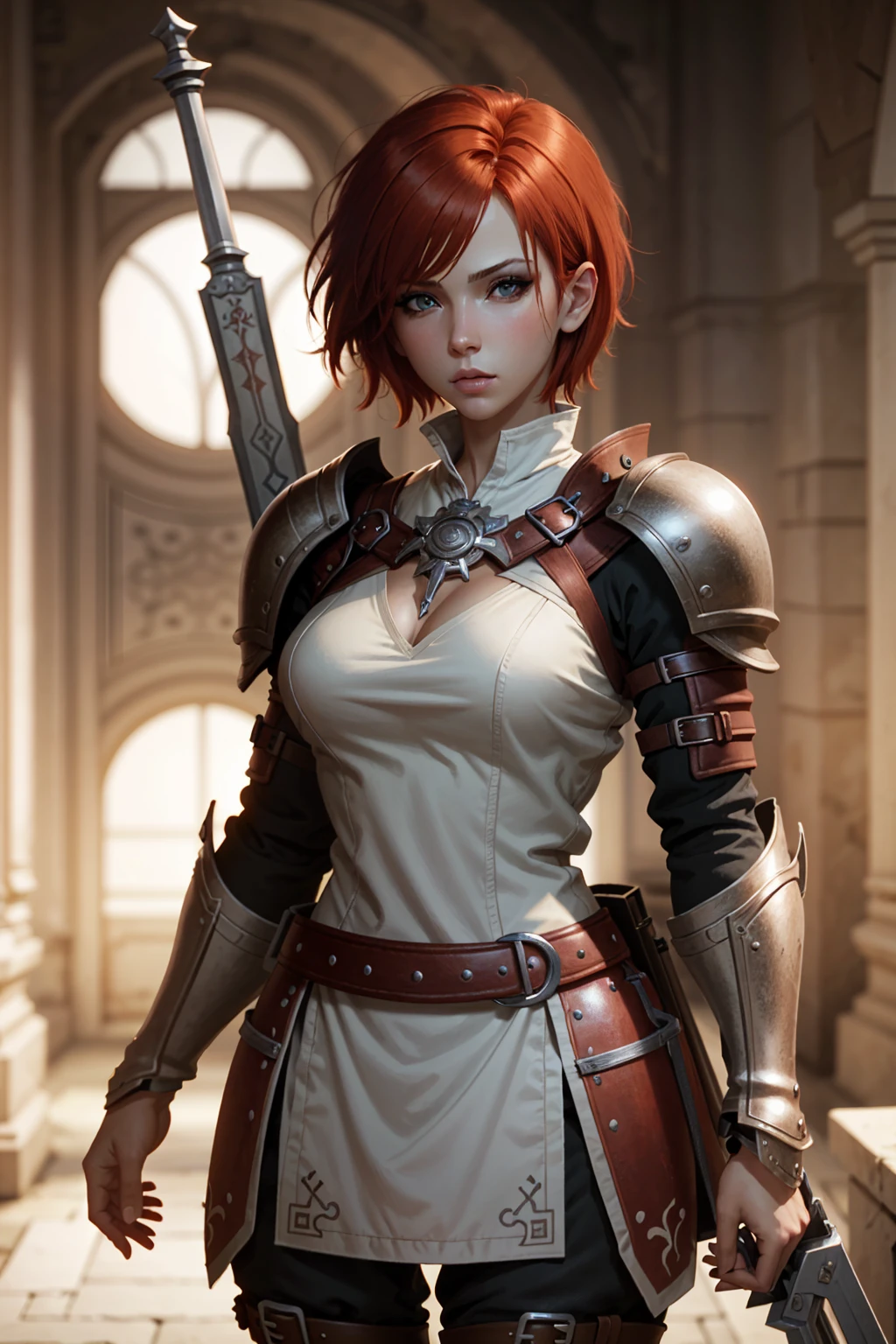 LelianaDA, 1girl, solo, weapon, sword, red hair, short hair, blurry background, breasts, blurry, realistic, armor, medium breasts, lips
