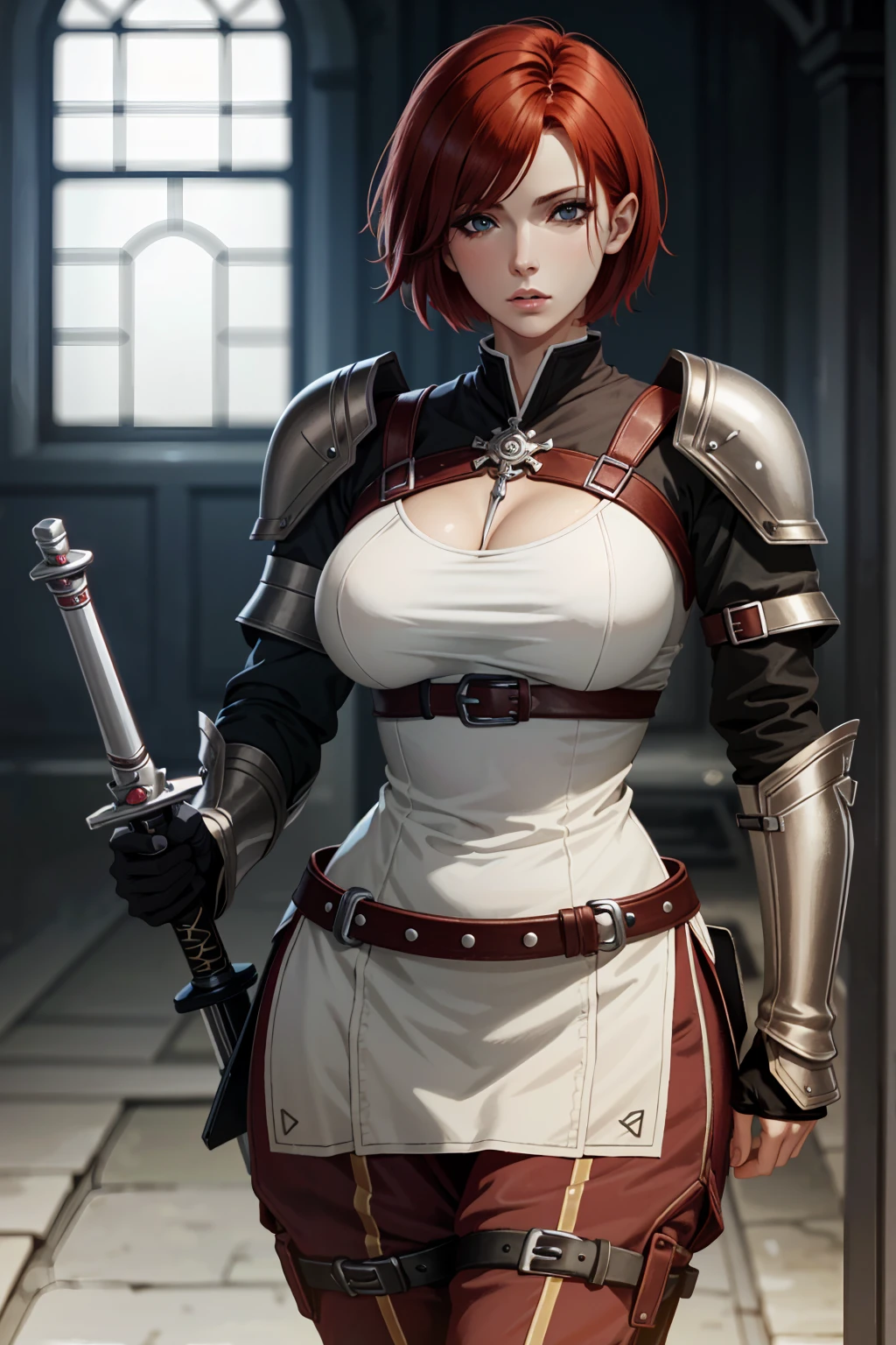 LelianaDA, 1girl, solo, weapon, sword, red hair, short hair, blurry background, breasts, blurry, realistic, armor, medium breasts, lips
