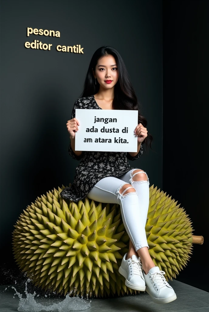Beautiful Korean woman wearing a hijab, wearing a yellow crop top with the words "Madu Alami SJ MORBEY", right hand holding a long eggplant, at the end of the eggplant there are drops of condensed milk, left hand looking up, white begron

