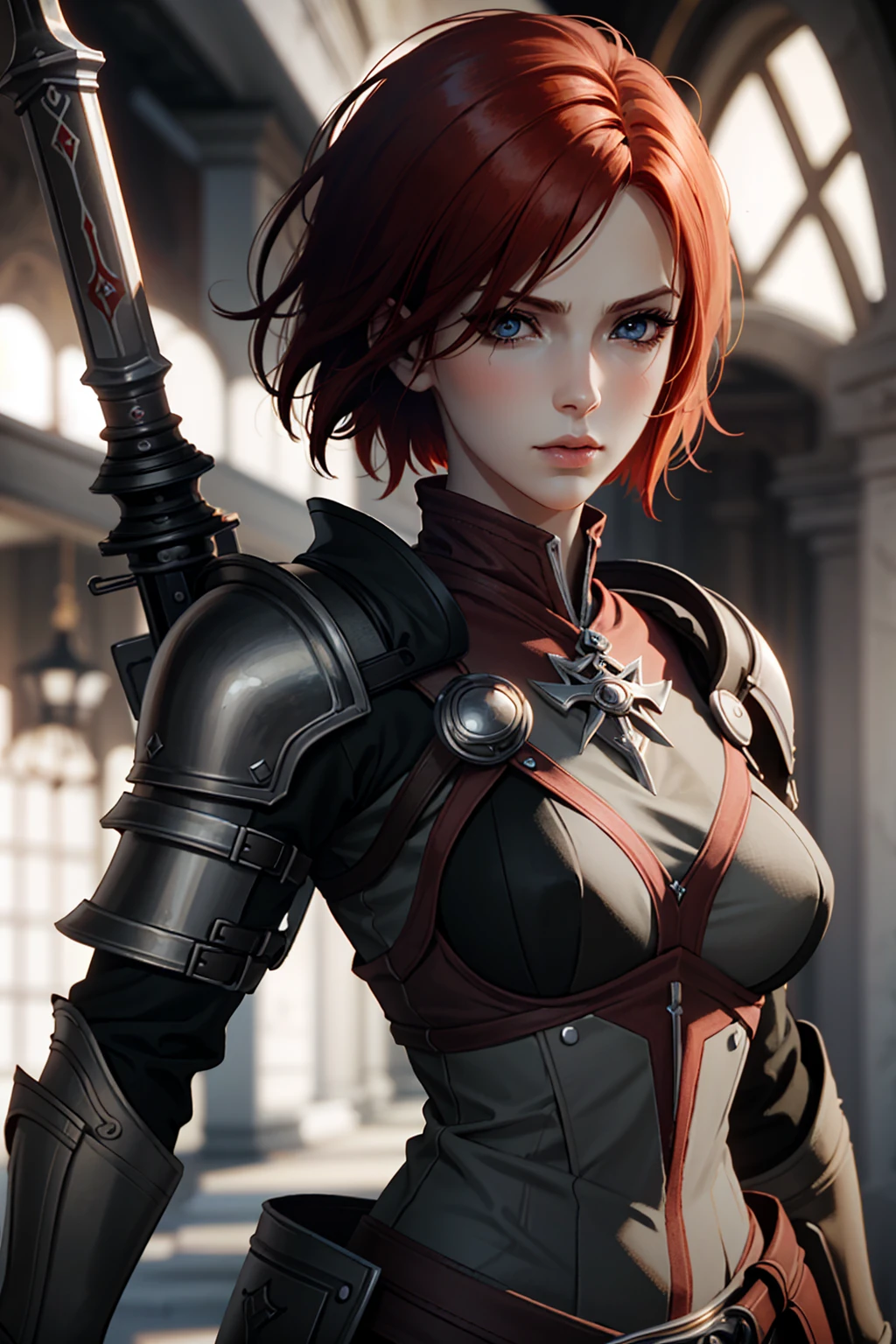 LelianaDA, 1girl, solo, weapon, sword, red hair, short hair, blurry background, breasts, blurry, realistic, armor, medium breasts, lips
