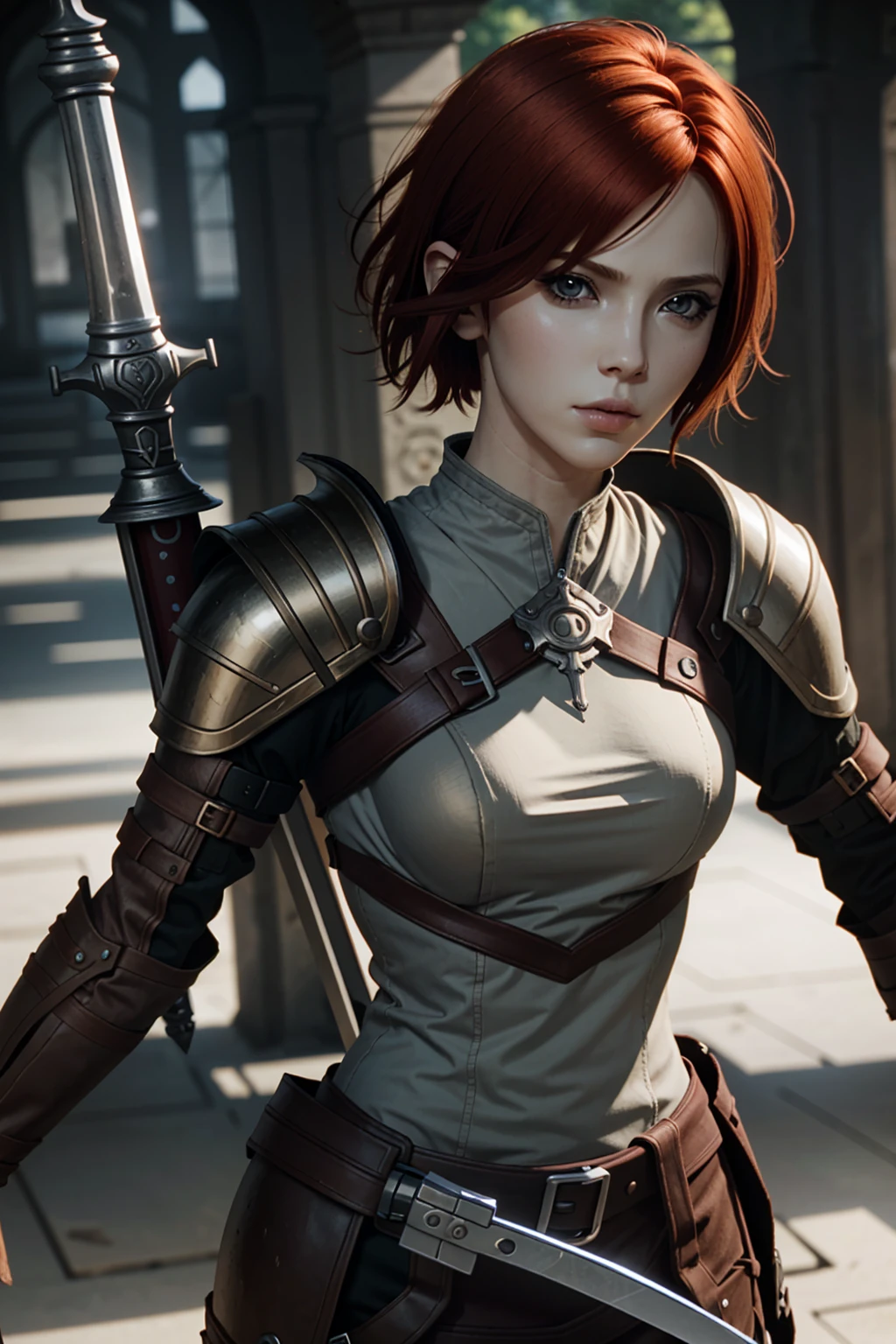 LelianaDA, 1girl, solo, weapon, sword, red hair, short hair, blurry background, breasts, blurry, realistic, armor, medium breasts, lips
