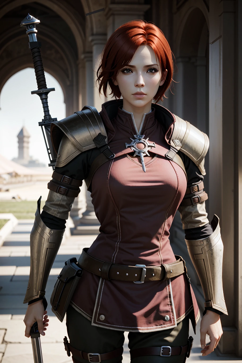 LelianaDA, 1girl, solo, weapon, sword, red hair, short hair, blurry background, breasts, blurry, realistic, armor, medium breasts, lips
