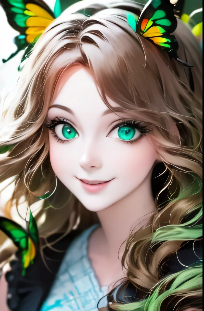 a close up of a woman with green butterflies on her head, an anime drawing inspired by Ross Tran, trending on cg society, fantasy art, green glowing eyes, with glowing eyes, magical glowing eyes, glowing green eyes, brightly glowing eyes, clear green eyes, bright green eyes, with green eyes, dreamy green eyes, numerous dimly glowing eyes, eyes are glowing