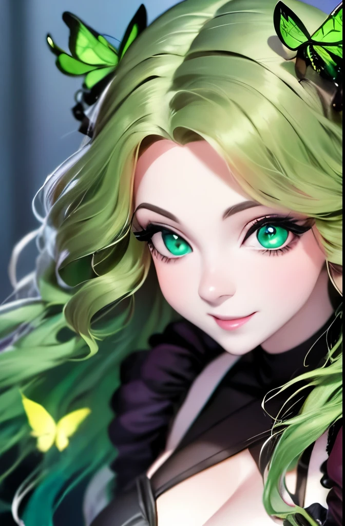 a close up of a woman with green butterflies on her head, an anime drawing inspired by Ross Tran, trending on cg society, fantasy art, green glowing eyes, with glowing eyes, magical glowing eyes, glowing green eyes, brightly glowing eyes, clear green eyes, bright green eyes, with green eyes, dreamy green eyes, numerous dimly glowing eyes, eyes are glowing