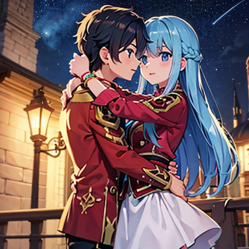 A girl with blue eyes and light blue hair, red blouse with gold plates on her body, pink panties, a gold bracelet and white skirt affectionately kissing a boy with short black hair on the lips, ojos marrones, lentes, red jacket with a night castle behind them and shooting stars in the sky