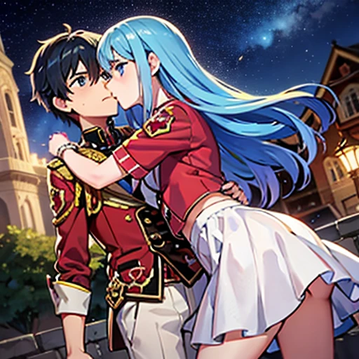 A girl with blue eyes and light blue hair, red blouse with gold plates on her body, pink panties, a gold bracelet and white skirt affectionately kissing a boy with short black hair on the lips, ojos marrones, lentes, red jacket with a night castle behind them and shooting stars in the sky