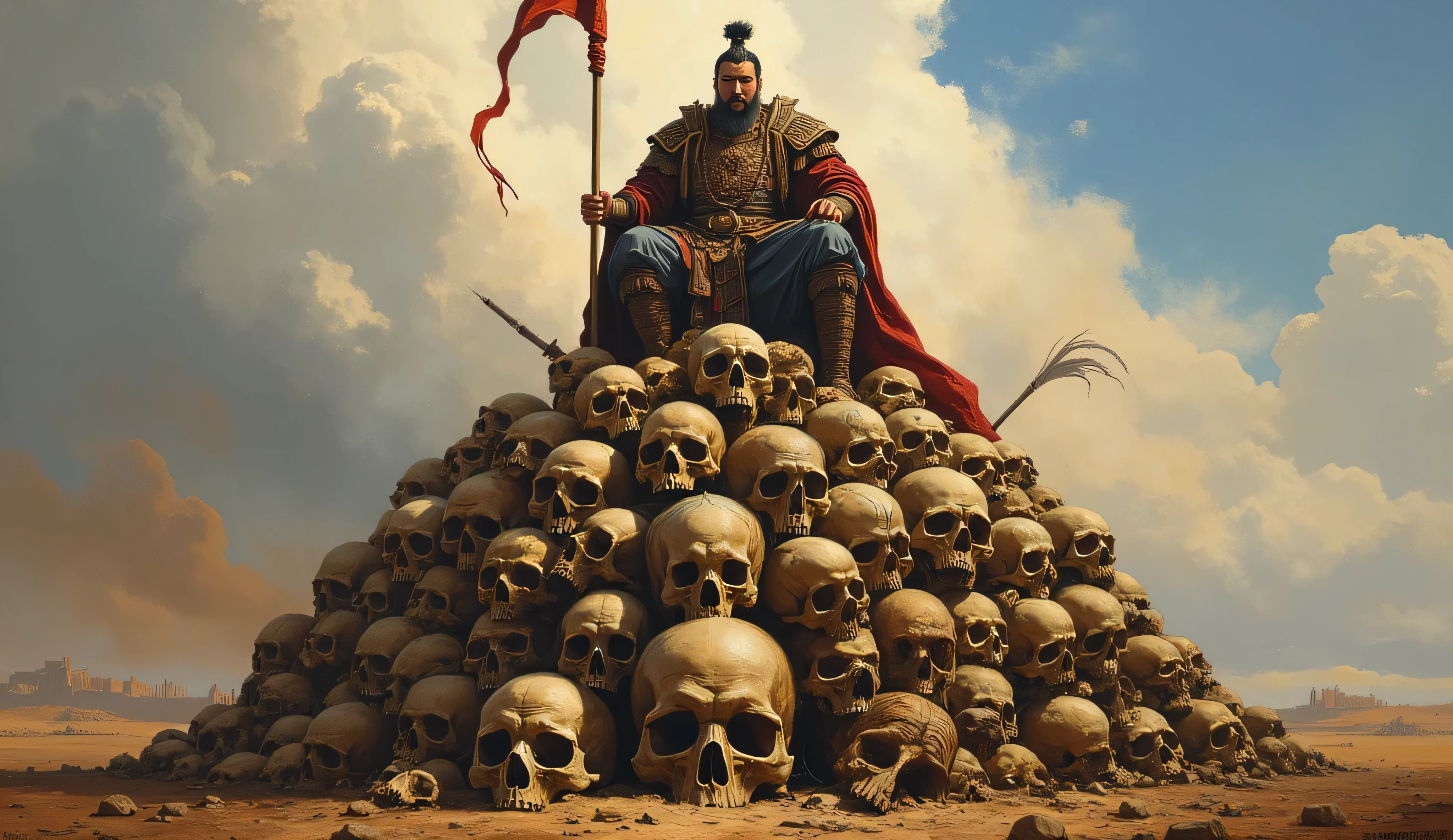 Genghis Khan sitting on a big pille of human skulls 