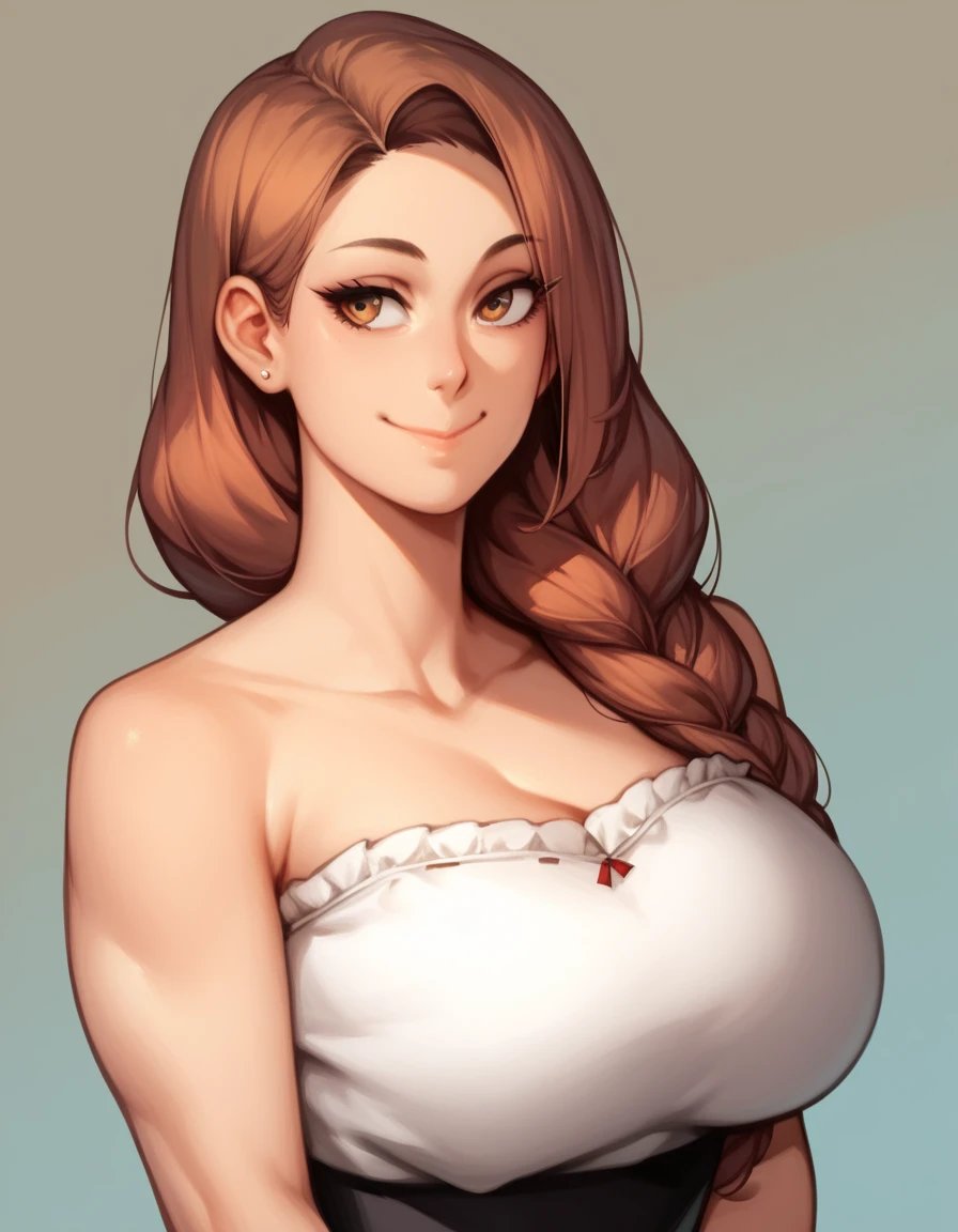 voluptuous body,1girl,solo, closed mouth smiling, upper body portrait, highly detailed, 8k, high definition, fully clothed, milf, huge breasts, skin, beautiful, wearing a 1950s styled house wife dress, full clothed, facing viewer, anime style, no earrings, make up, portrait pose,