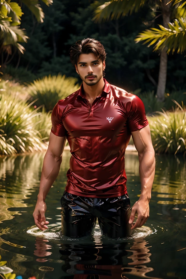 (absurdres, highres, ultra detailed, Ultra HD), ((tall handsome muscular man with a strong physique, solo, male model modern clothing, Full length portrait: 1.5, wearing a (zip-up jumpsuit) that is unzipped showcasing his chest and abs, highlighting his hotness, verious flowers around him, the man is standing comfortably between the flowers, jewellery, bulge: 1.2,)), beautiful, gorgeous, wet, mature, perfect eyes, sexy gaze, (looking at the viewers romantically), perfect body, smooth skin, a hot glow in his skin, extra large chest, largest breasts, extremely large pectorals, big nipples, breathtaking grandeur, model pose, colorful, artistic, focus on his calm facial features, elegant look, sexy posture, full body view,