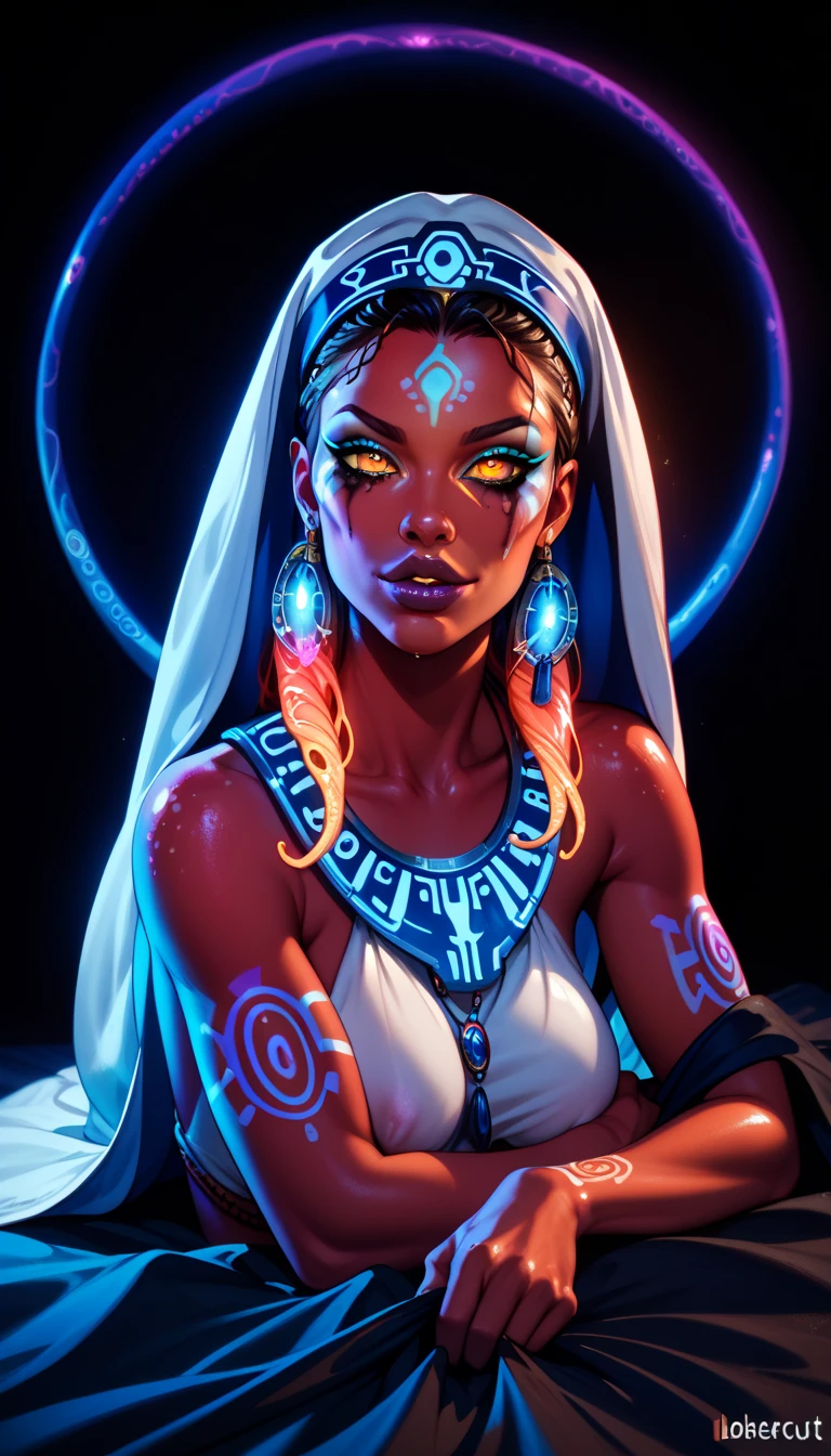 Ancient Extraterrestrial Creature, Alien Being, ((Non-Human)), Female seductive Alien, colorful skin, Revealing Glowing Biopunk, Holographic Alien Tribal, Tribal Alien Priestess, Glowing Makeup, Blacklight, Glowing, Seductive Alien Technology, Black Background, Character Design Sheet