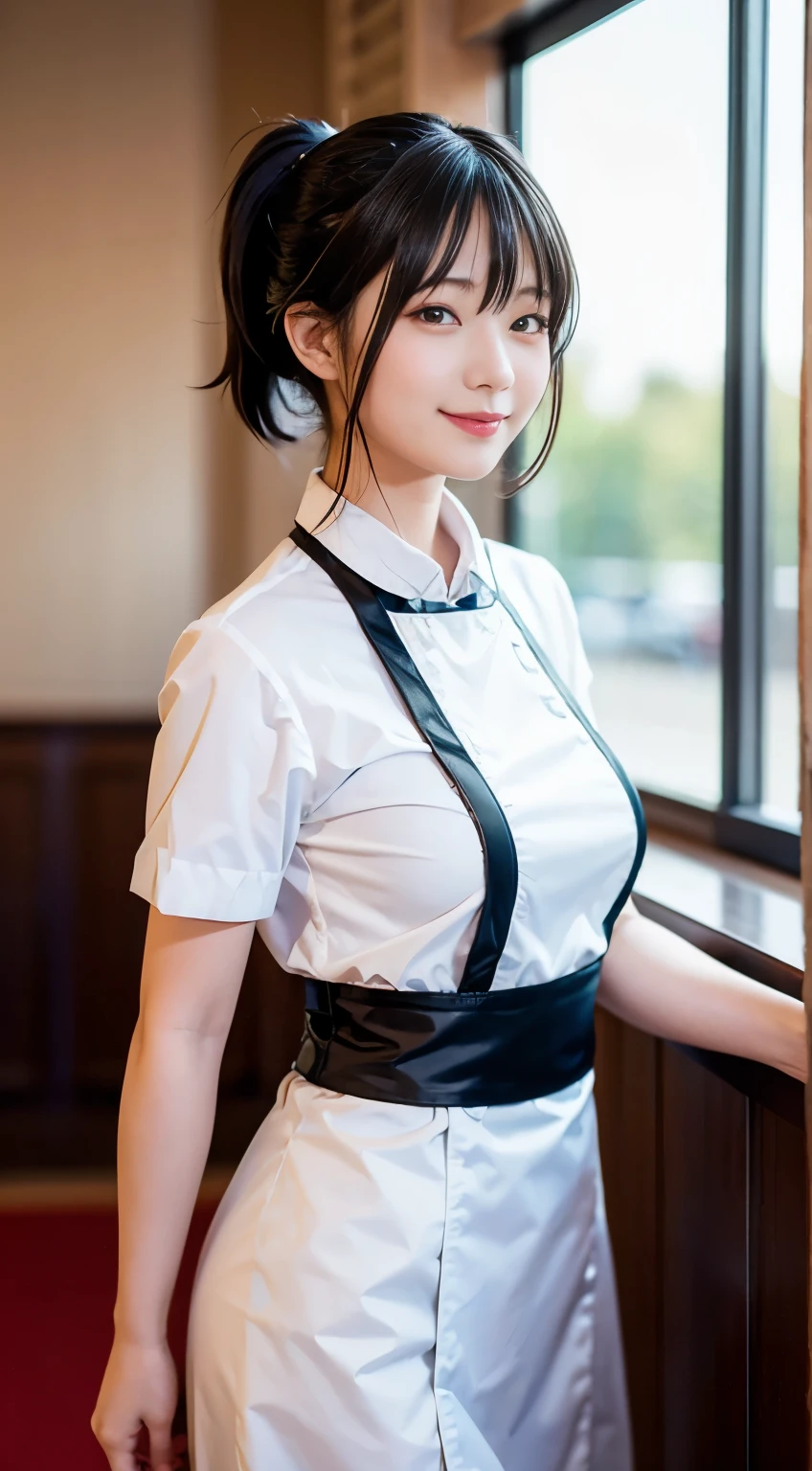 (highest quality,masterpiece:1.3,Ultra-high resolution,),(Very detailed,Caustics),(Photorealistic:1.4,RAW shooting,)Ultra-Realistic Capture,Very detailed,High resolution 16K human skin closeup。 Natural skin texture、,Pores、、、、It must be detailed enough to be easily identifiable。 Skin tone is even and healthy looking。 Use natural light and color,restaurant,Waitress Uniform,1 girl,Japanese,18-year-old,cute,Black-haired,ponytail,Big Breasts,smile,Turn your body forward,(Front view:1.1),Looking at the camera,Cowboy Shot,