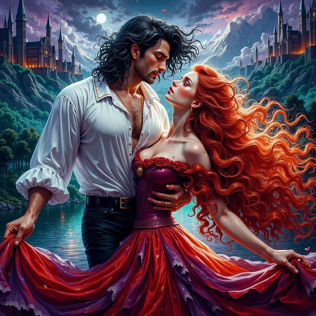 extremely detailed vibrant passionate ColorfulGlossingDigitalHyperealistic scene bossy European brutal handsome long-haired man30 years old passionately holds a frightened curly red-haired beautiful girl,eye to eye ,passion, looks at a girl in love , white shirt men black pants ,mirrored silkball red girl dress , at night palace and forest and mountains .oldenglanddress .textural,BRIGHT,Shine,glare, detailhandsfingers ,silk hair,correct proportions ,dynamically,perfectanatomy Photography ，long ideal hair， radiant skin ，，Sparkling gold jewellery， Extended wings and dramatic false eyelashes， overall style mystery 、Dreamy and charming ，Clean and simple background，minimalism 