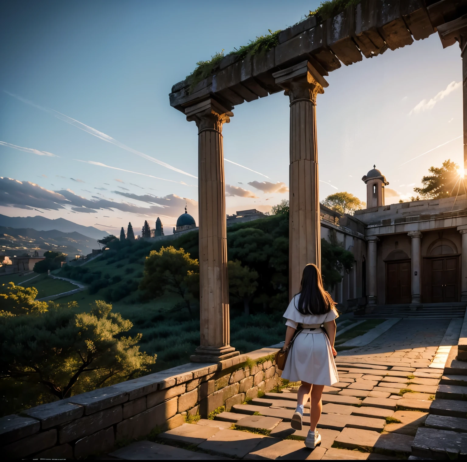 8K quality, Masterpiece,  bright artistic dusk lighting,  super real ,  high chroma, Ancient fortified city landscape pictures,  forest, High ground, (Back view on stairs :1.3), (Ass:1.2), White clothes,