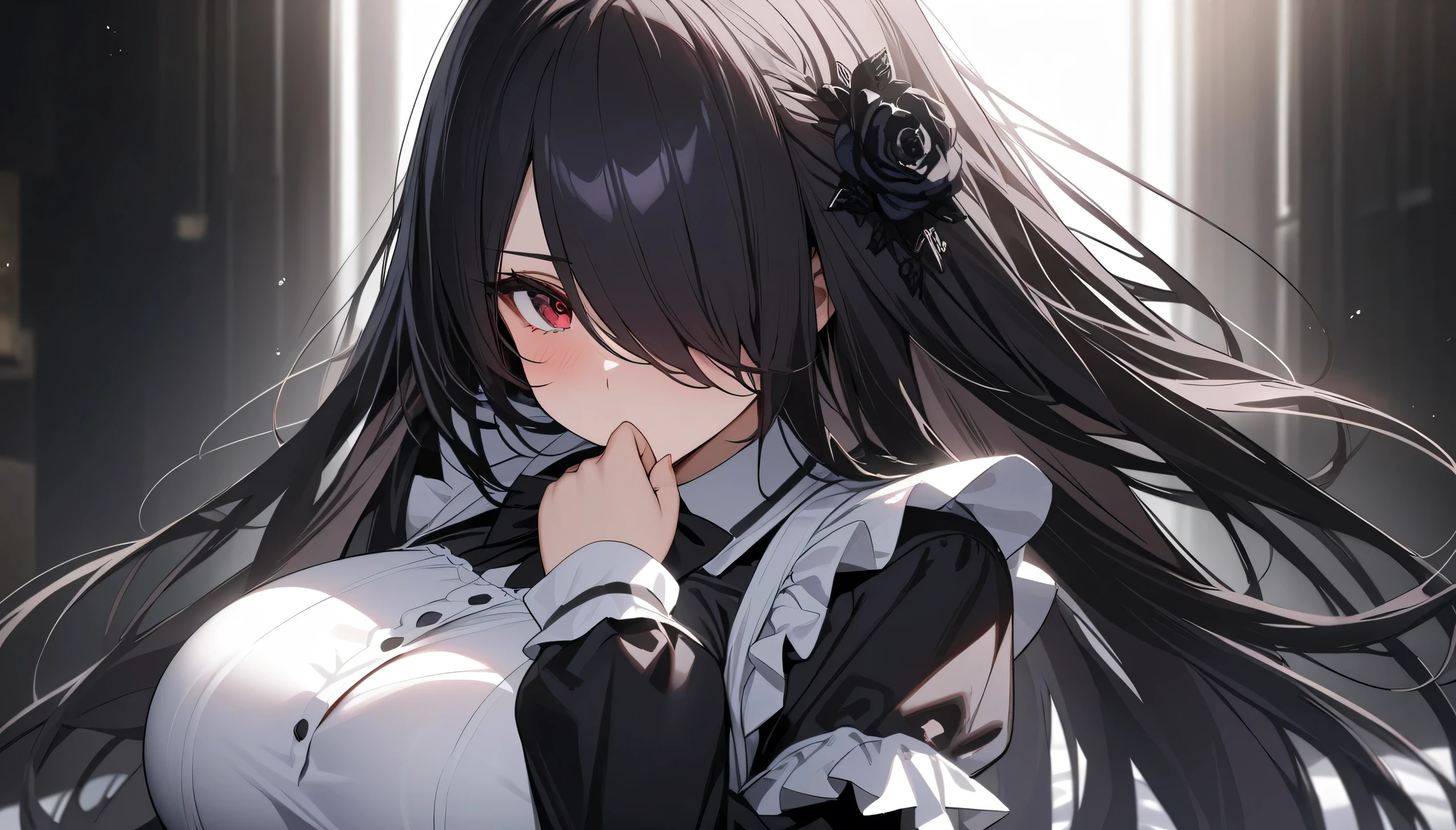((masterpiece:1.4,The best quality at its best))+,(Hyper Detail)+,(Detailed eyes:1.5)+,(Pointed Ears:1.5),(Cute Girls),(Golden red eyes:1.5),(Long black hair:1.5),(wariza:1.2),Pale-skinned,Captivating smile,black crystal block,Red crystals on the forehead,(Black maid outfit:1.5),(Black Ribbon:1.4),Dense teeth,stand up and salute,Metal Chain,Black silk gloves,Ice pack cleaning effect,(Classic maid:1.1),(Dawn Light:1.2),(Dark black and white:1.16),(Depth of written boundary:1.4),Intricate detailixing colors,detailed route,wonderful,Super Detail,The content is very detailed,(High contrast:1.11),Wind,wonderful胸の谷間,Beautiful Eyes,Messy Hair,(Best lighting,Extremely delicate and beautiful), ((Cinema Lighting)), (View from the side:1.3),8k,masterpiece,The best quality at its best,Movie stills,1 plump girl,(Cleavage close-up:1.1),bright,interesting,Gentle soft lighting,(Bauhaus,shape,line engineering,Abstract:1.1)Official Art, unity 8k wallpaper, Super detailed, Beautiful and beautiful, masterpiece, The best quality at its best, (Dynamic Angle:1.4),Perfect NwsjMajic,(masterpiece,Highest quality,The best quality at its best,Official Art,Beauty and aesthetics:1.2),The content is very detailed,Rich colors,Best details,
