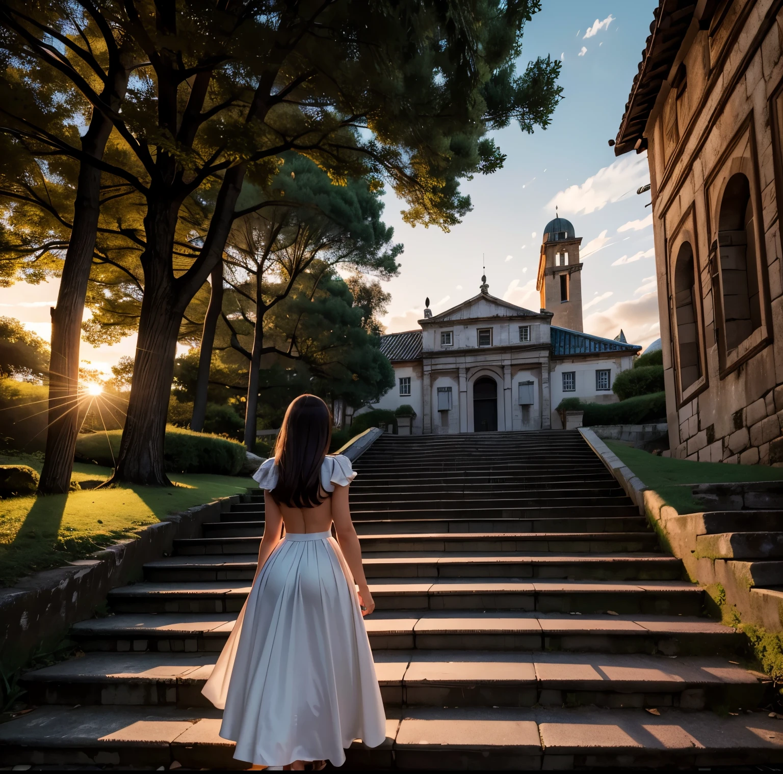 8K quality, Masterpiece,  bright artistic dusk lighting,  super real ,  high chroma, Ancient fortified city landscape pictures,  forest, High ground, (Back view on stairs :1.3), (Ass:1.2), White clothes,